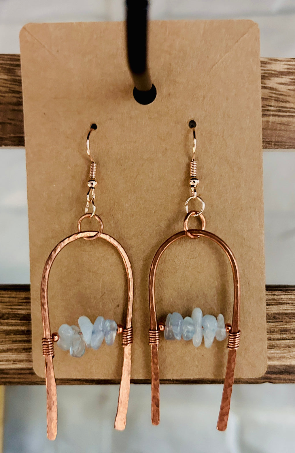 Wide Hammered Copper Arch Earrings with Aquamarine Accents