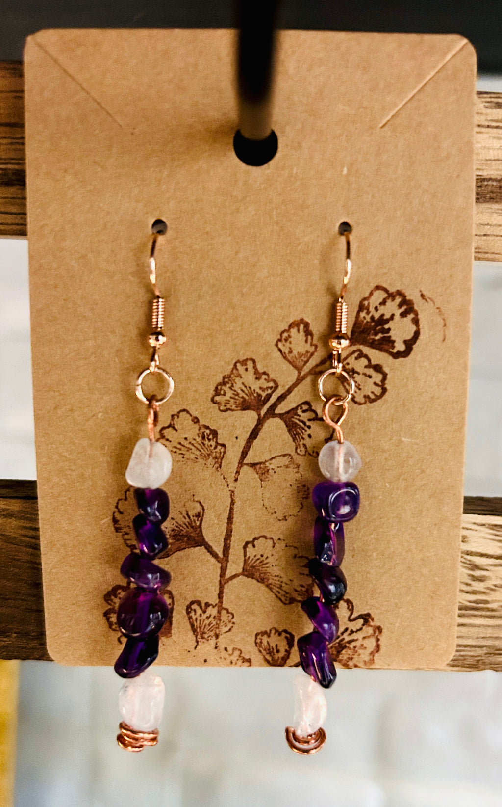 Copper and Amethyst Dangle Earrings with Rainbow Moonstone Accents