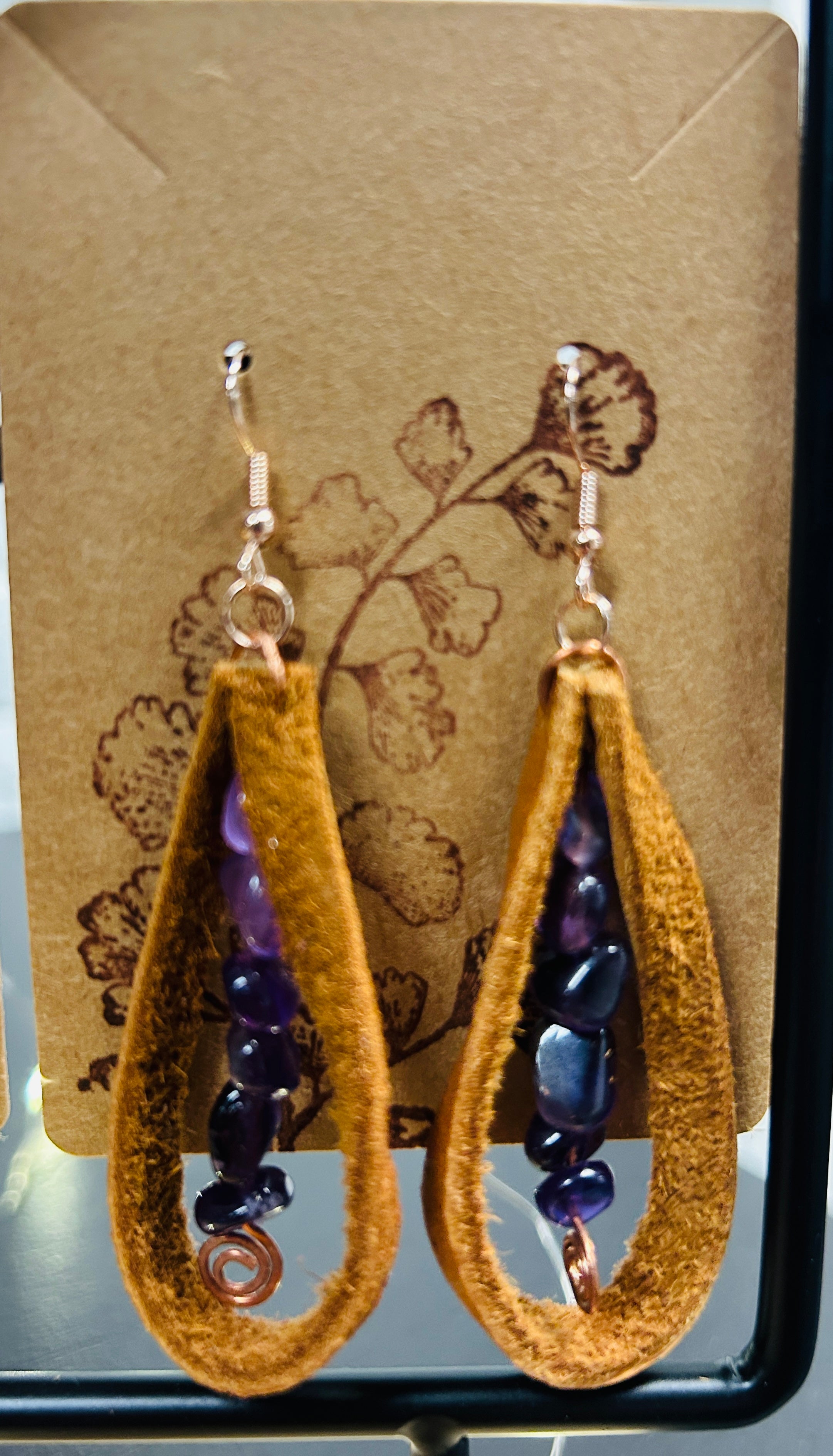 Medium Elk Hide Leather Twist Loop Earrings with Copper & Amethyst