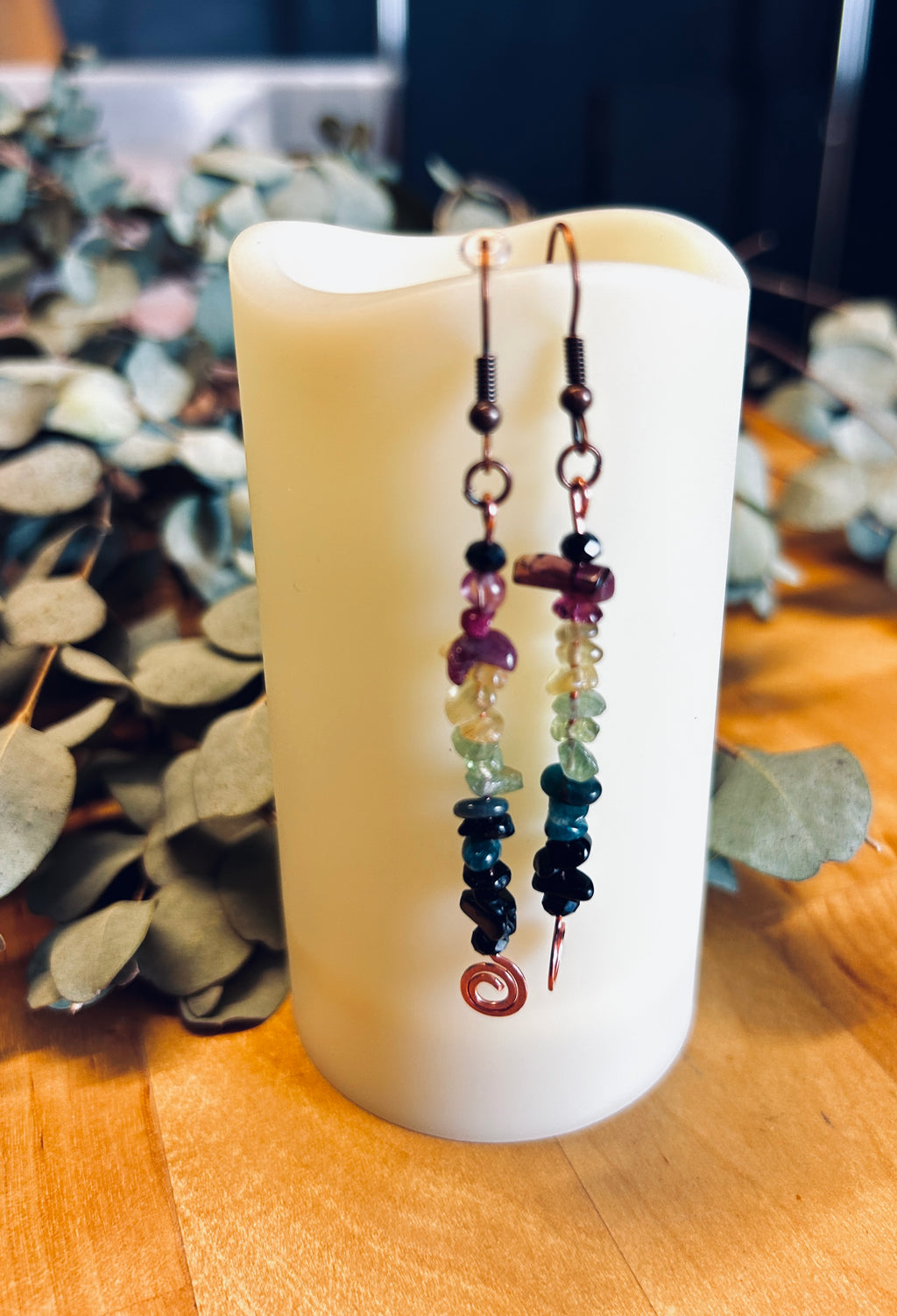 Hammered Copper Coil Pin Earrings with Grade A Tourmaline
