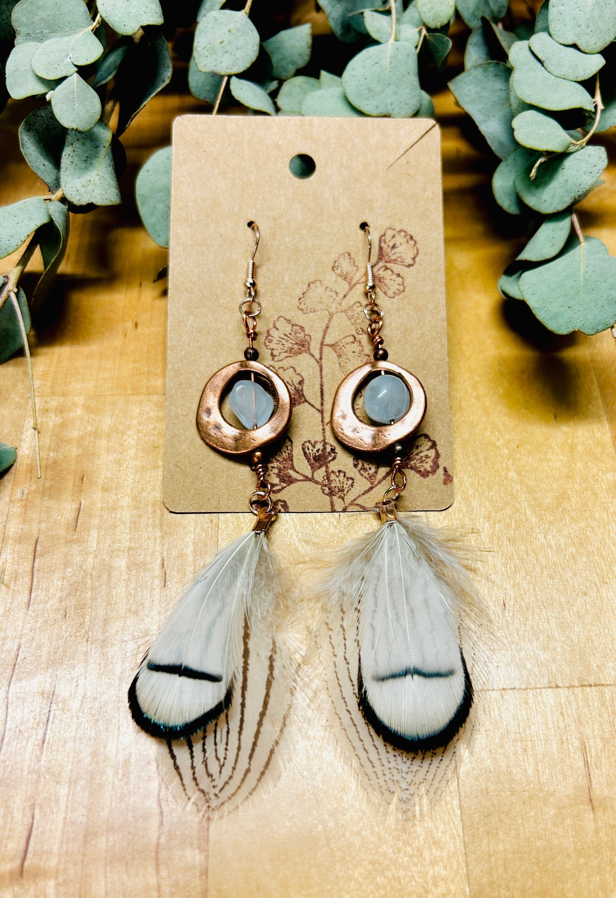 Copper and Aquamarine Earrings with White Feathers