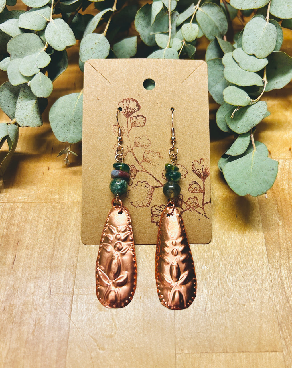 Hand Embossed Copper and India Agate Earrings