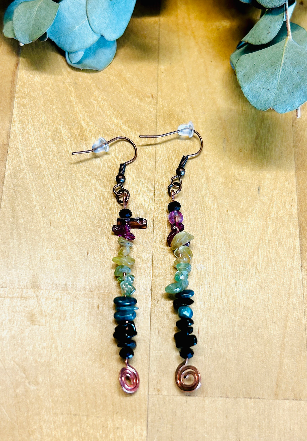 Hammered Copper Coil Pin Earrings with Grade A Tourmaline