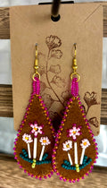 Moose Hide Teardrop Earrings with Beaded Pink Flowers