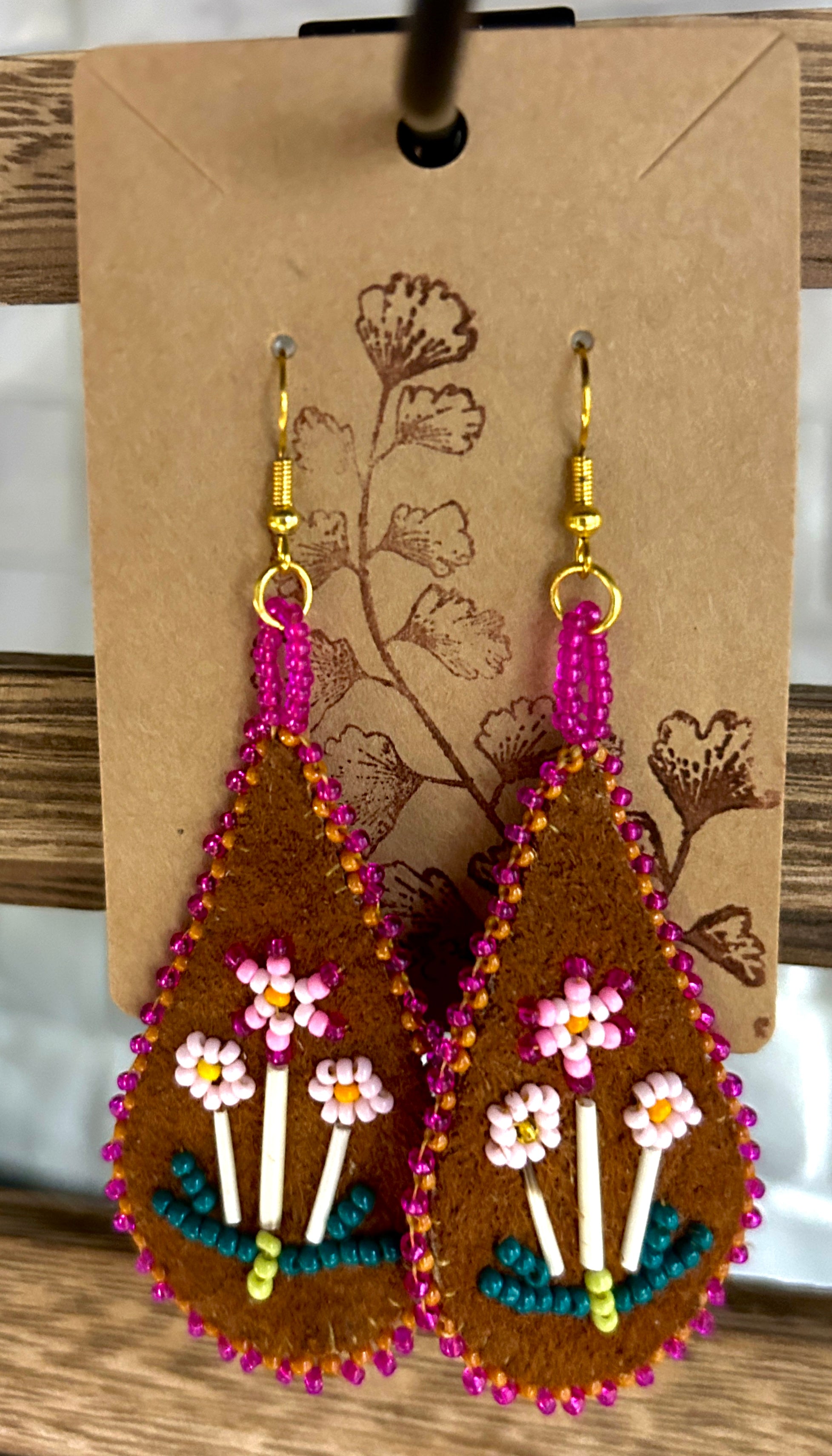 Moose Hide Teardrop Earrings with Beaded Pink Flowers