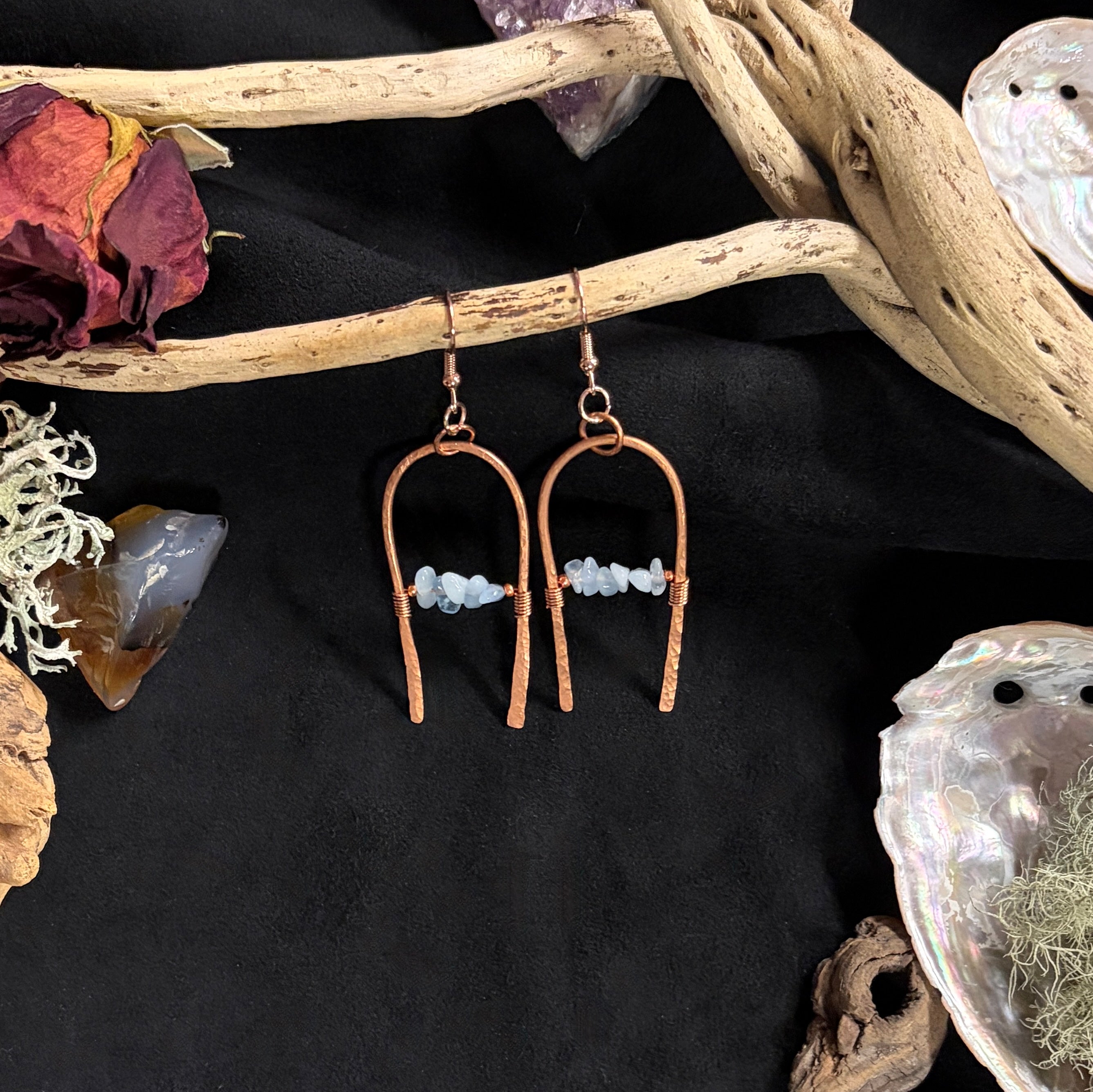 Hammered Copper Arch Earrings with Aquamarine