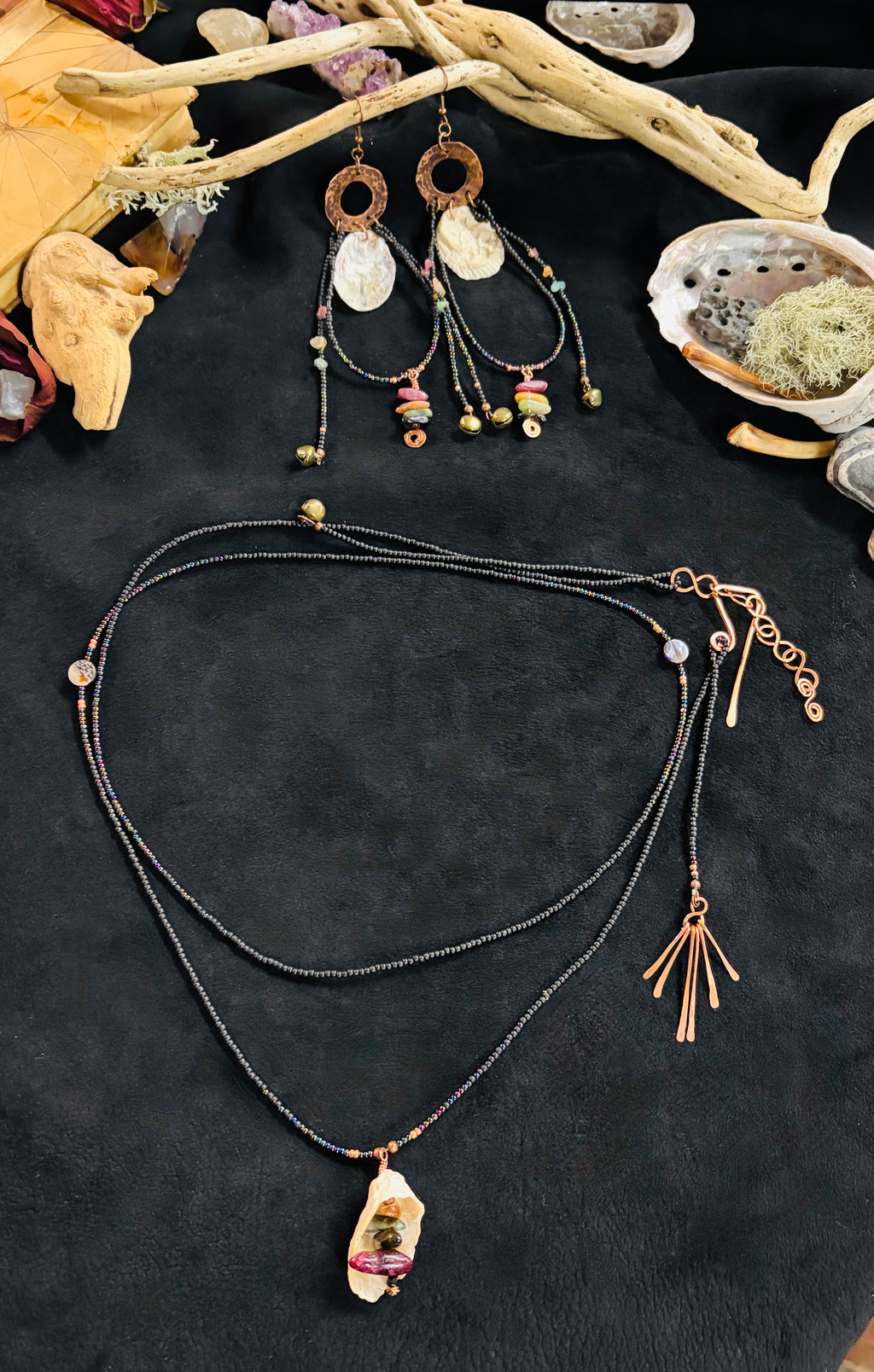 Dark Shores Double Wrap Necklace with Foraged Shell & Tourmaline Pendant