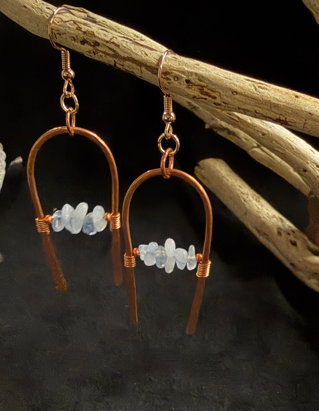 Hammered Copper Arch Earrings with Aquamarine