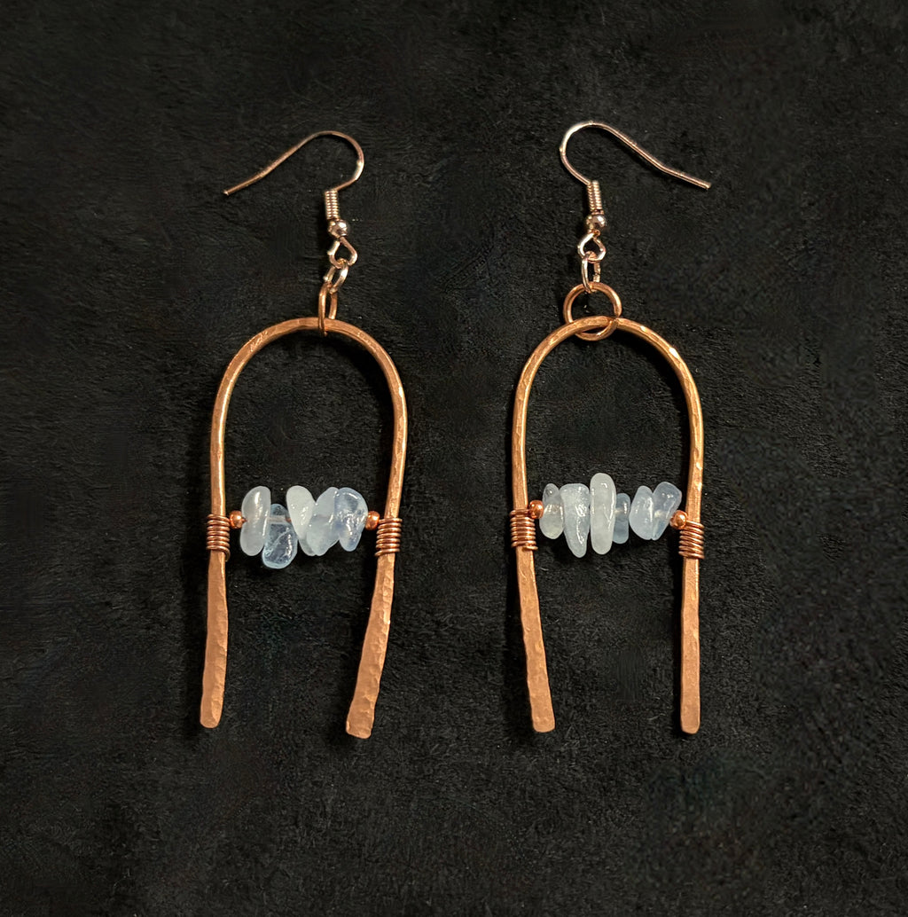 Hammered Copper Arch Earrings with Aquamarine
