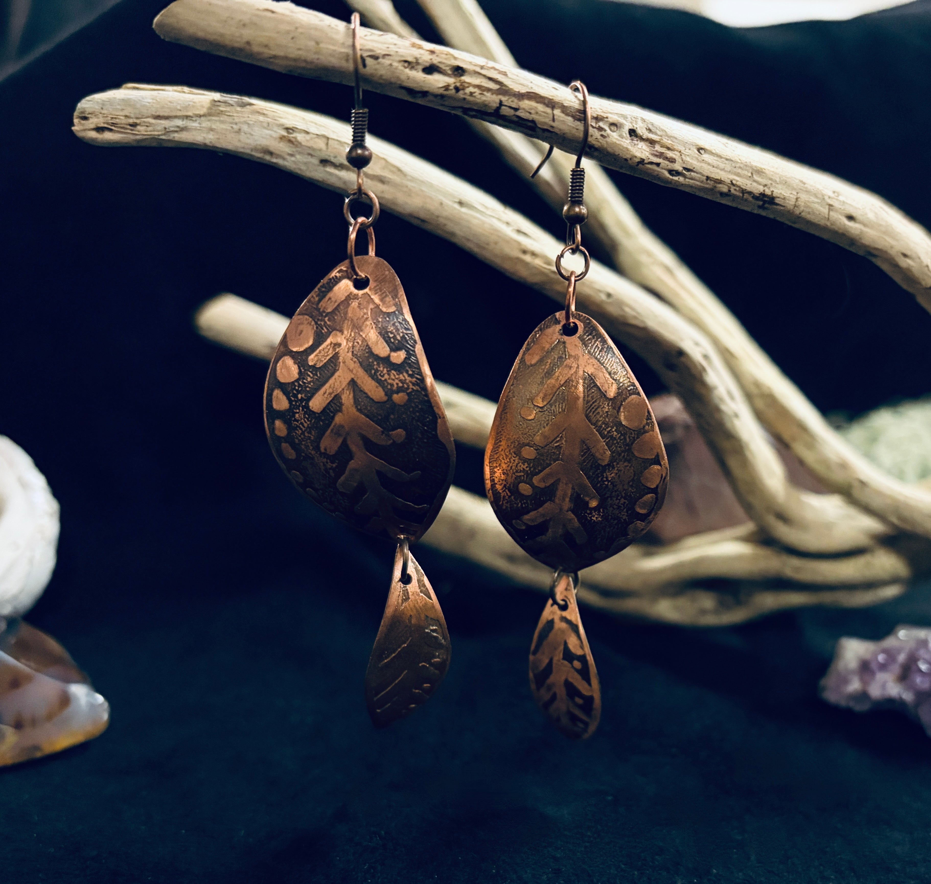 Etched Copper Forest Leaf Earrings