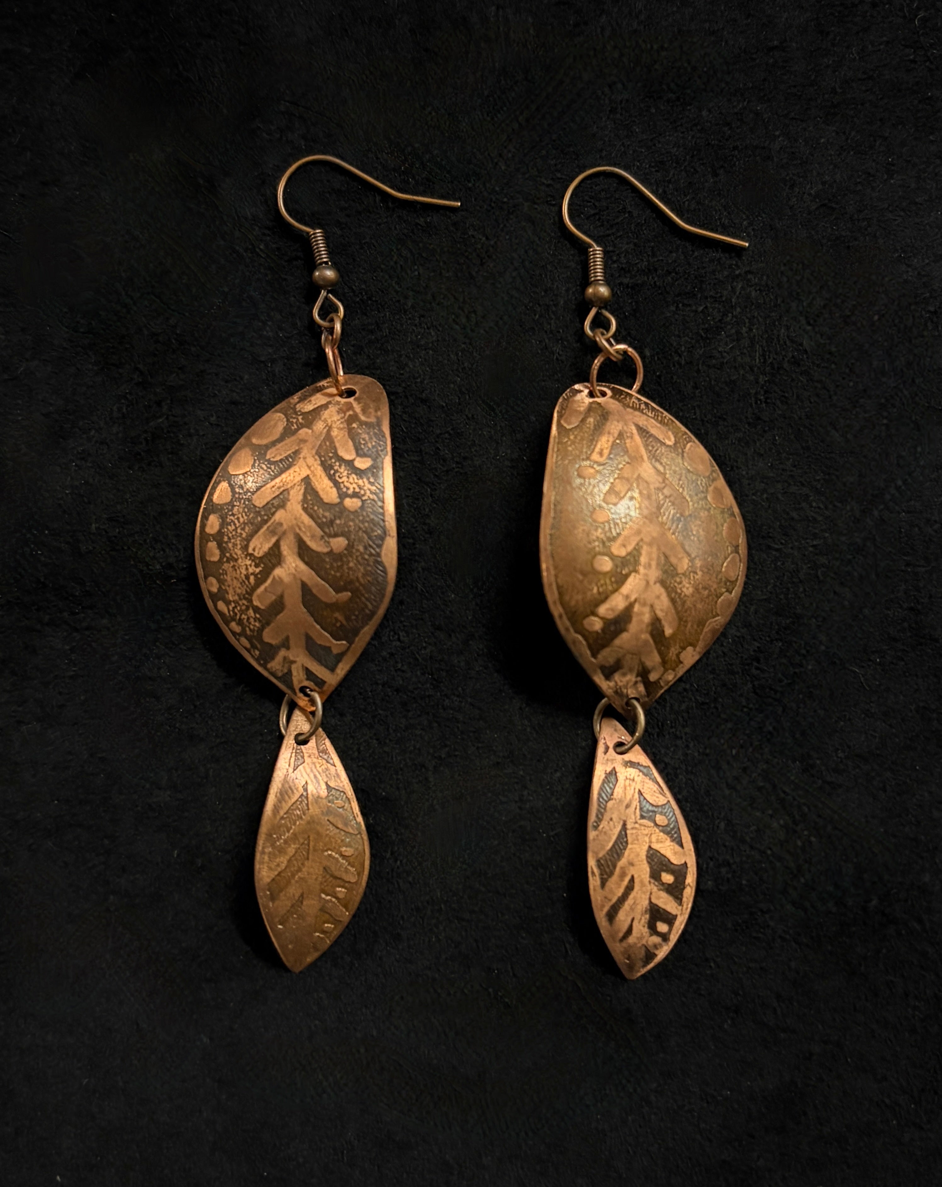 Etched Copper Forest Leaf Earrings