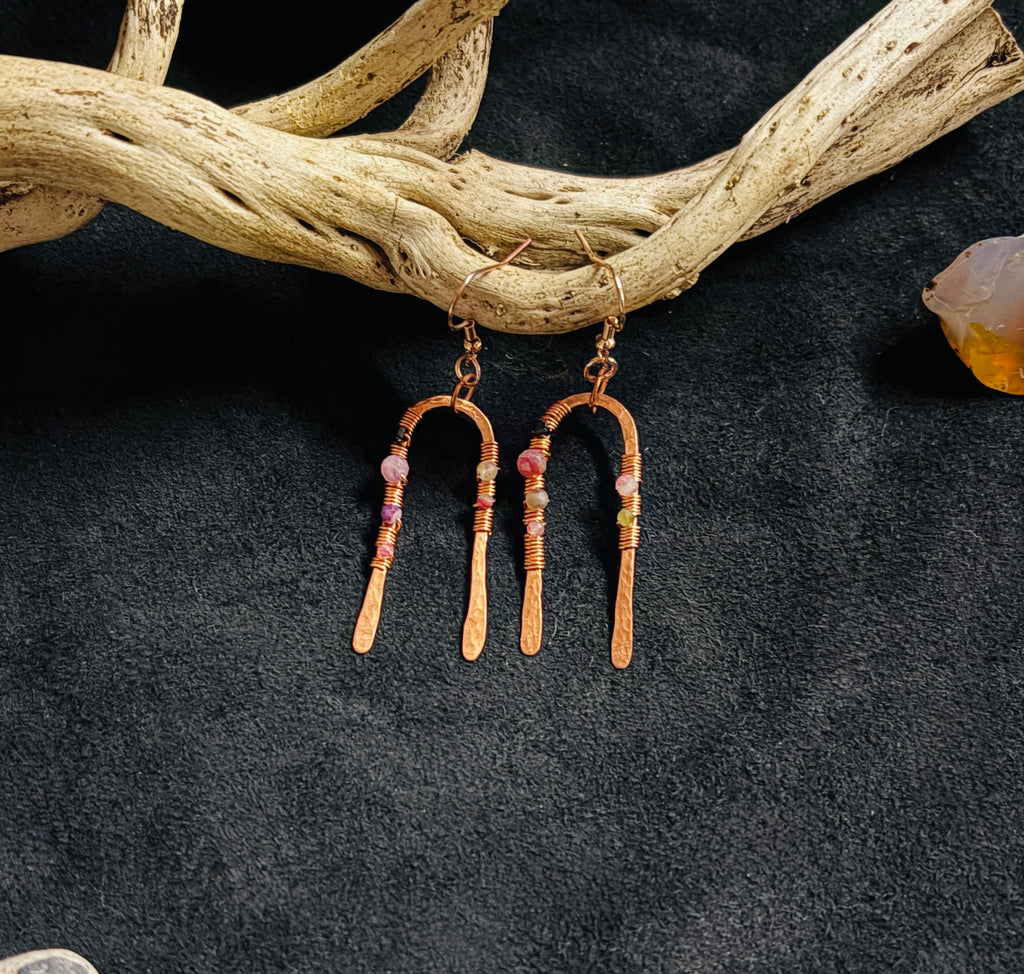 Hammered Copper Arch Earrings with Faceted Black Spinel & Tourmaline