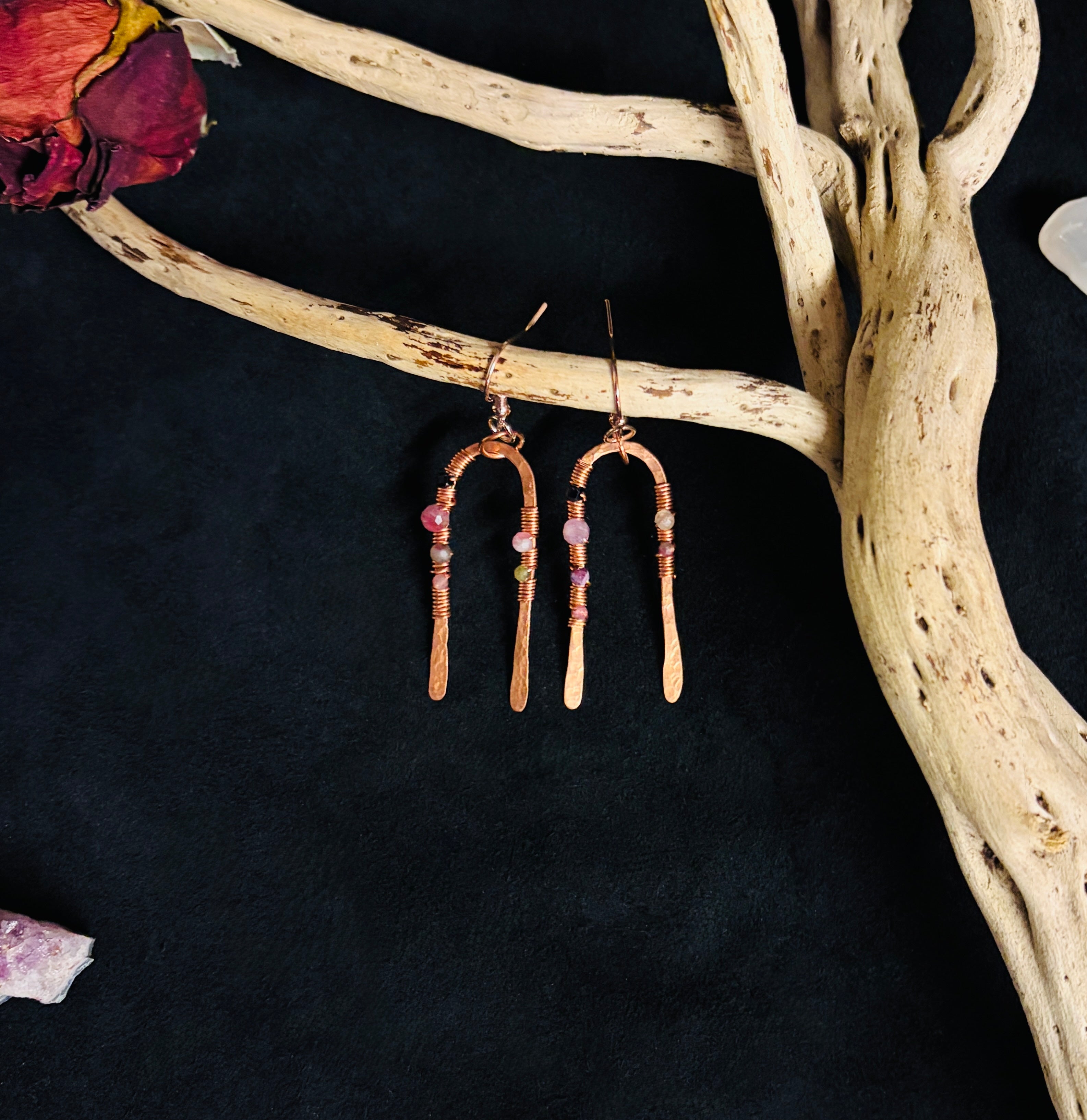Hammered Copper Arch Earrings with Faceted Black Spinel & Tourmaline