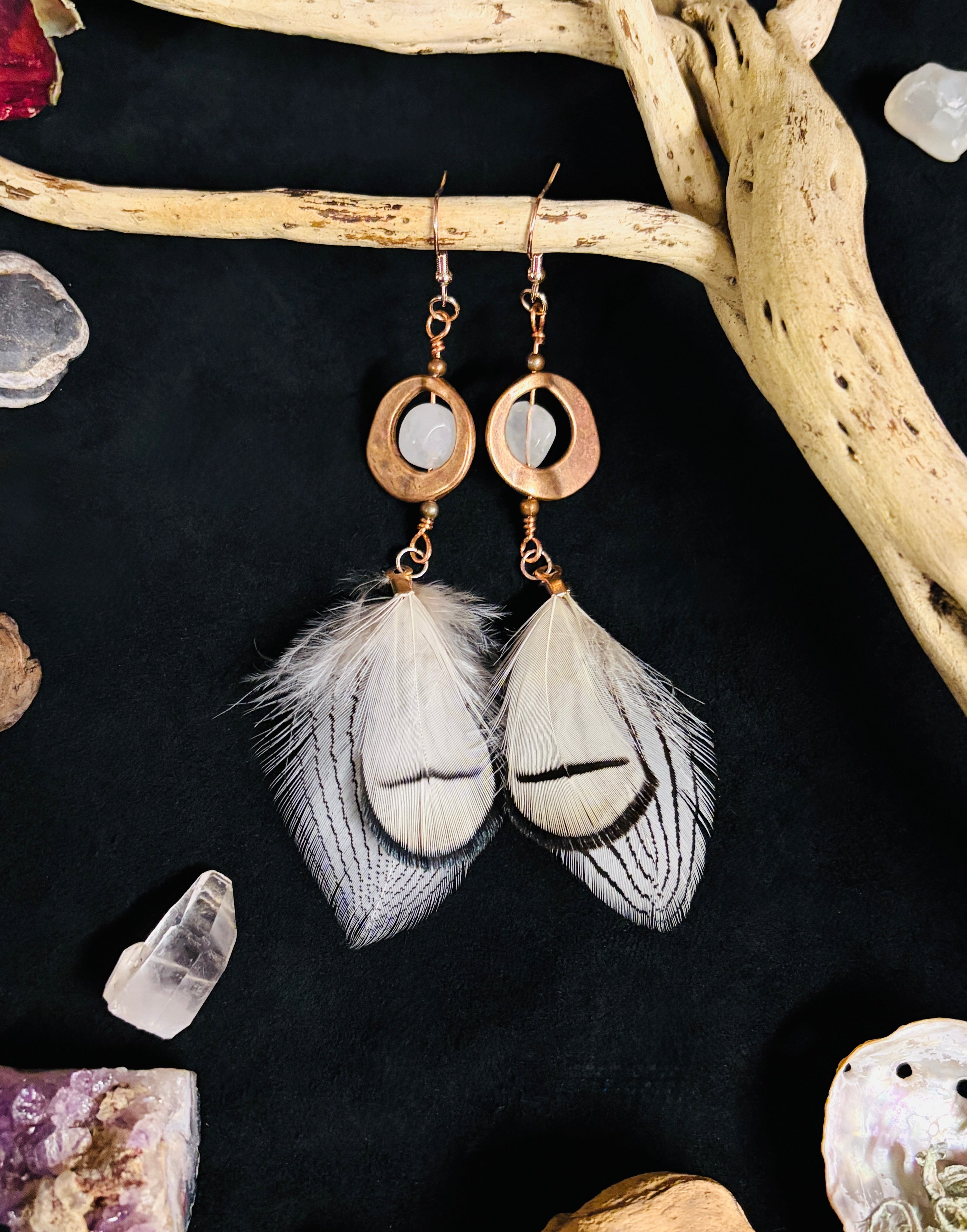 Copper and Aquamarine Earrings with White Feathers