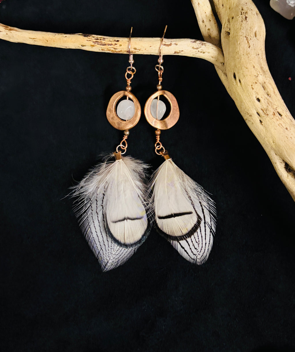 Copper and Aquamarine Earrings with White Feathers