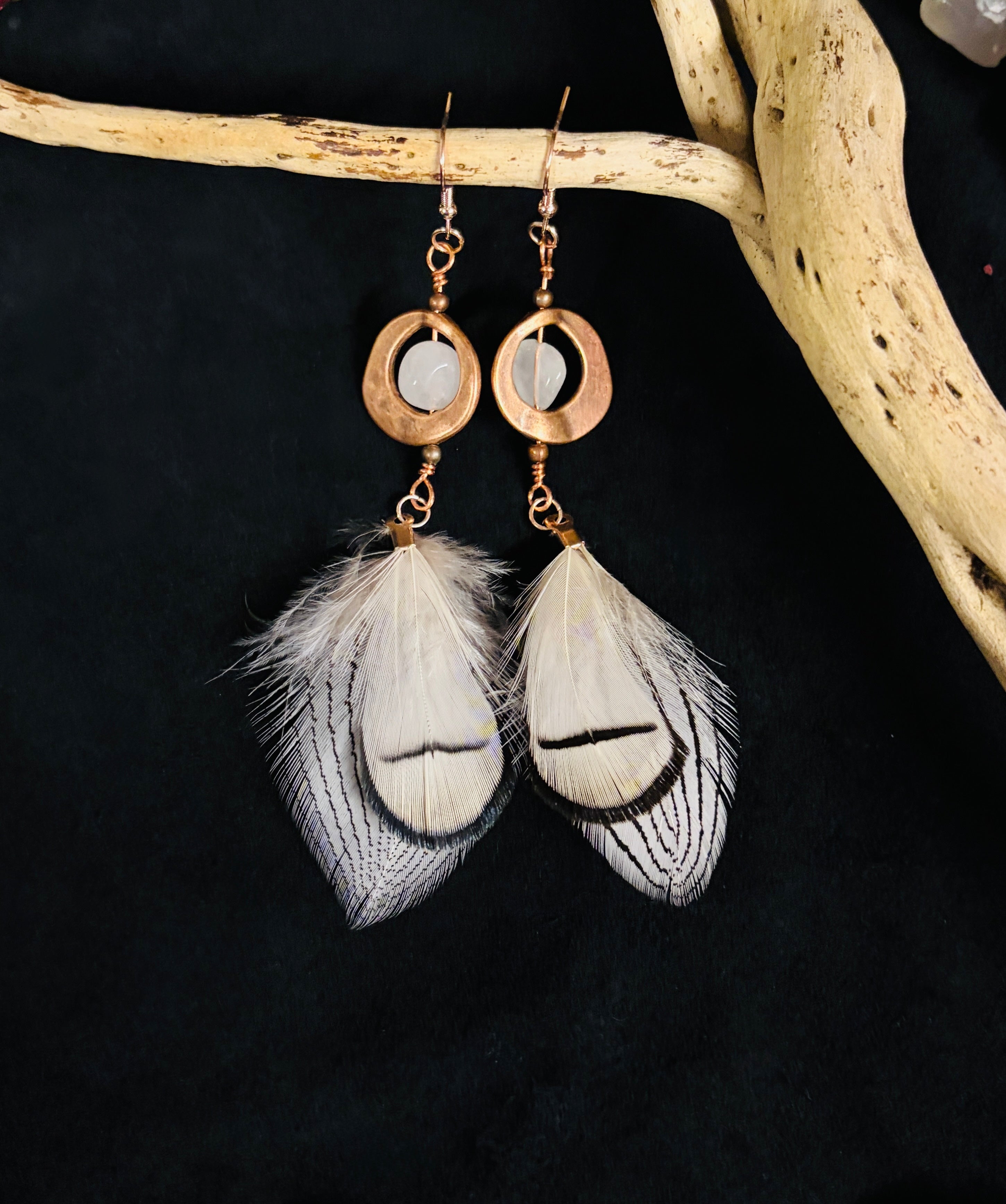 Copper and Aquamarine Earrings with White Feathers