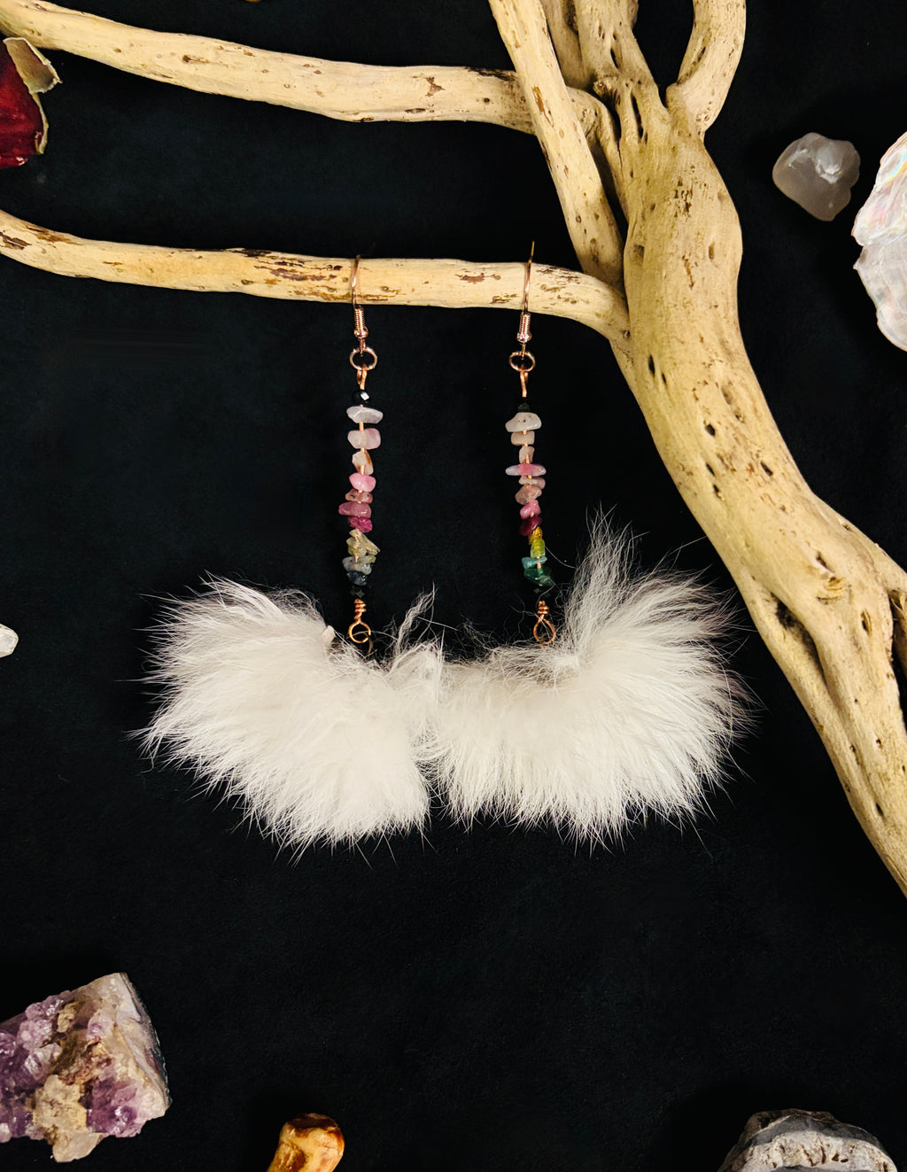 Tourmaline Chip & White Rabbit Puff Earrings