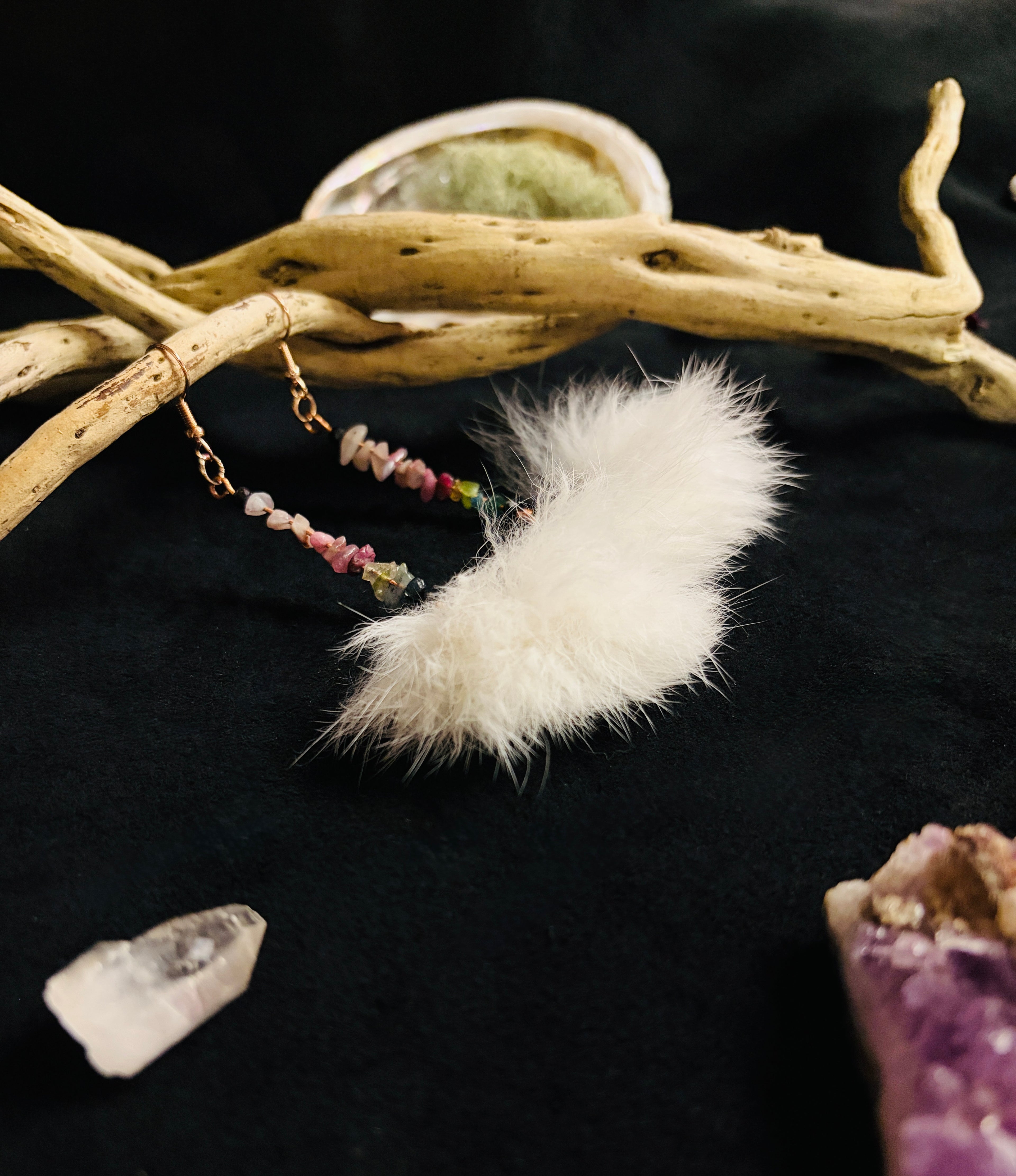 Tourmaline Chip & White Rabbit Puff Earrings