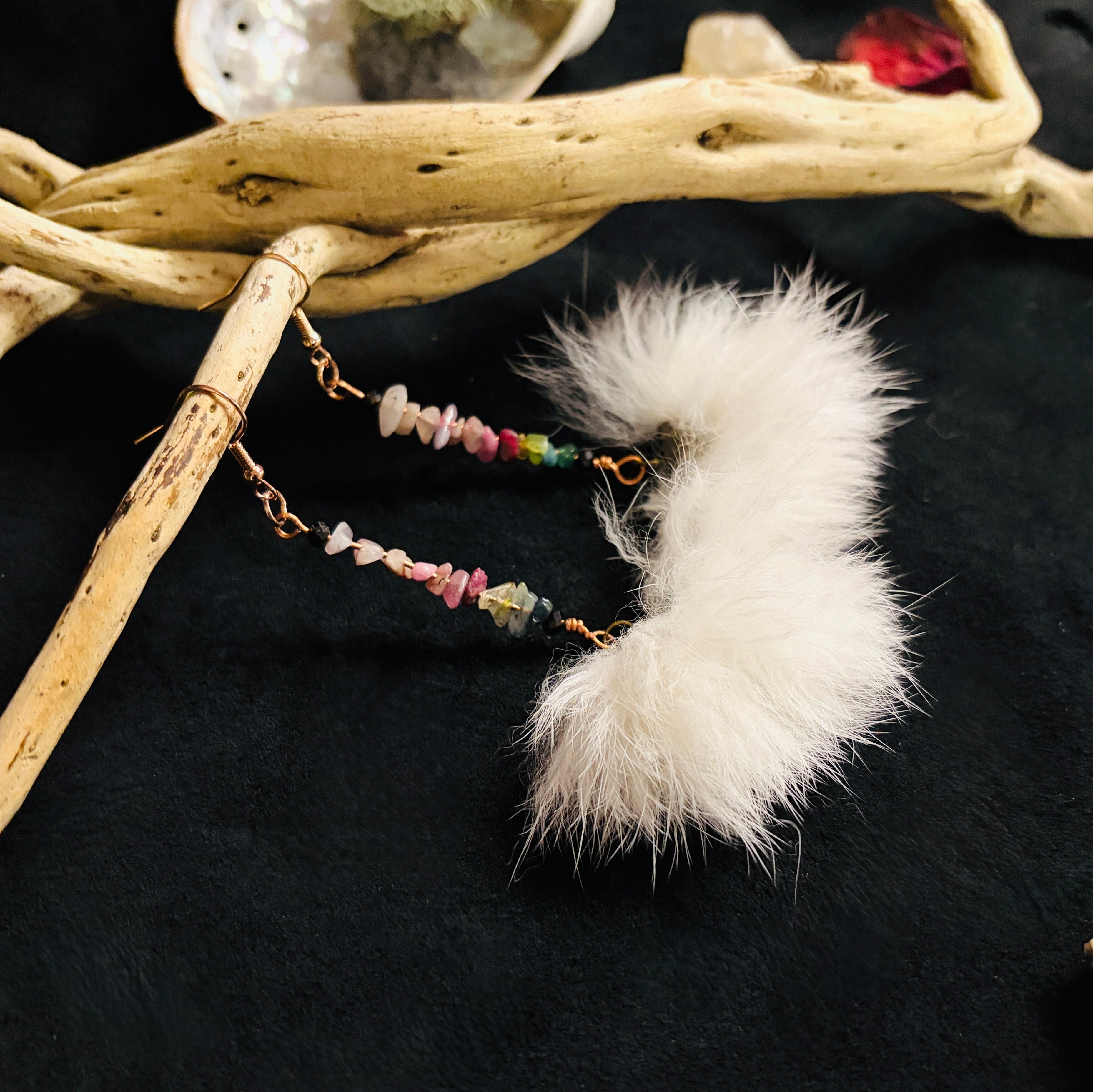 Tourmaline Chip & White Rabbit Puff Earrings