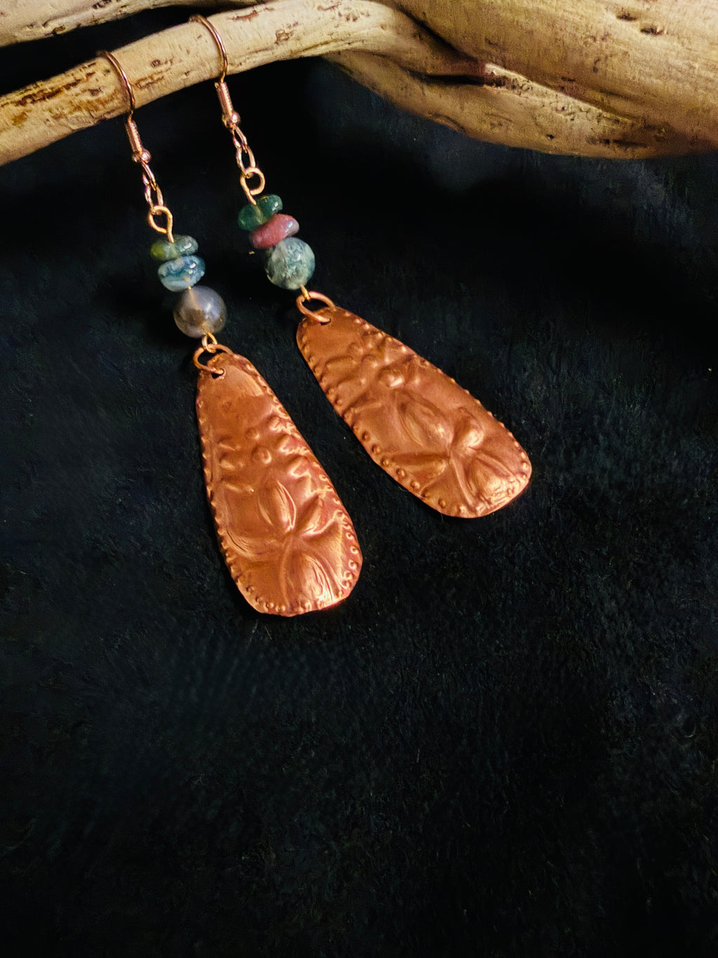 Hand Embossed Copper and India Agate Earrings