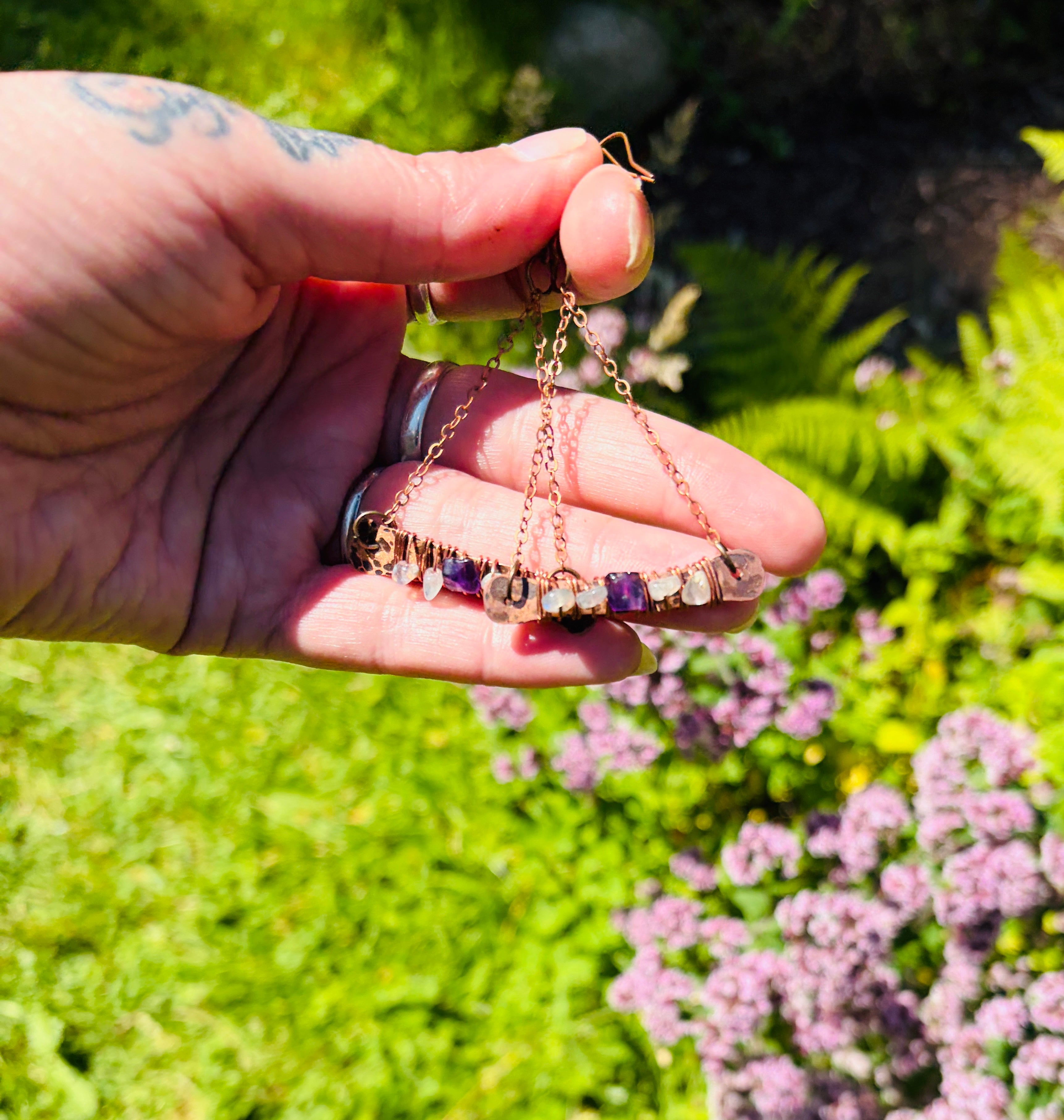 Hammered Copper Horizon Earrings with Labradorite & Amethyst
