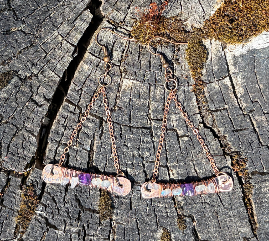 Hammered Copper Horizon Earrings with Labradorite & Amethyst