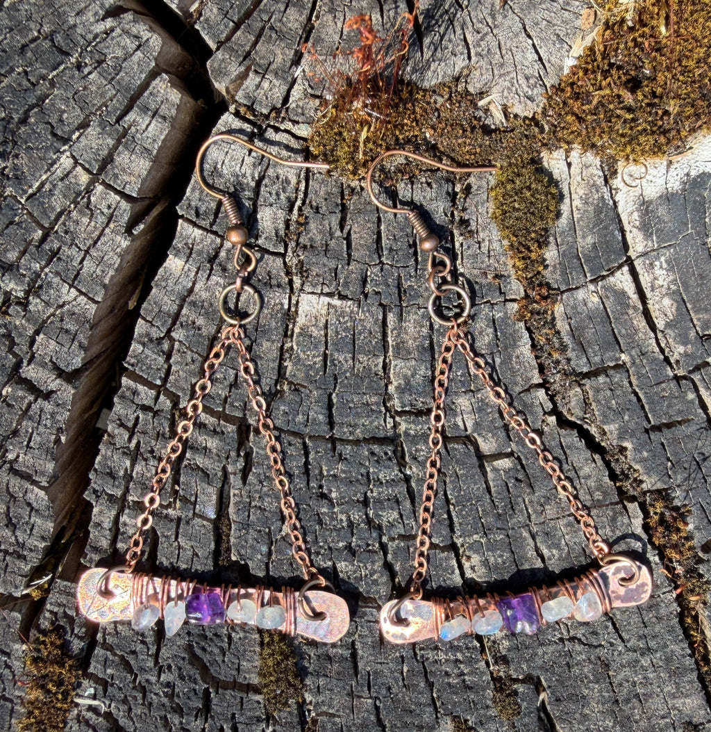 Hammered Copper Horizon Earrings with Labradorite & Amethyst