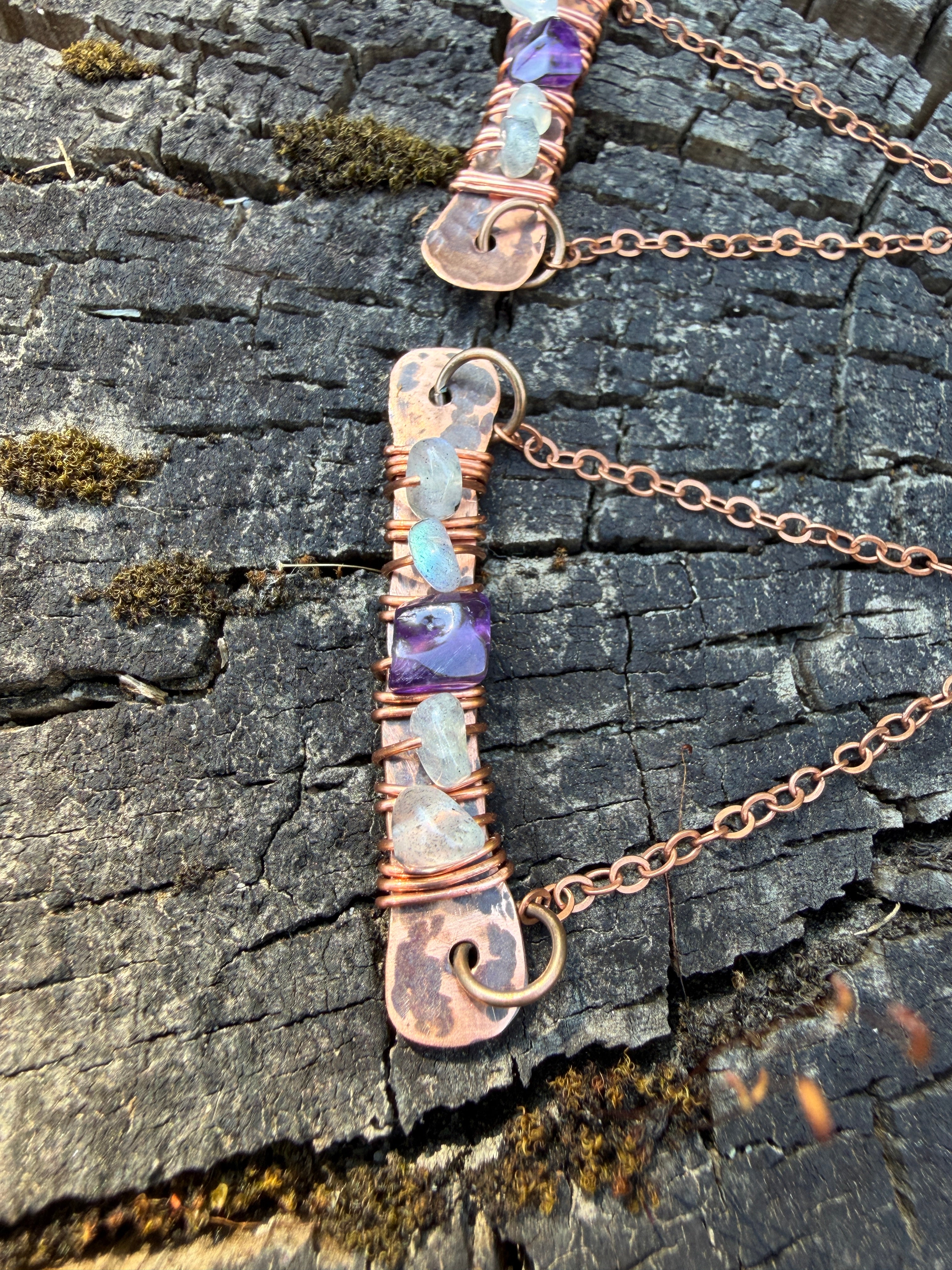 Hammered Copper Horizon Earrings with Labradorite & Amethyst