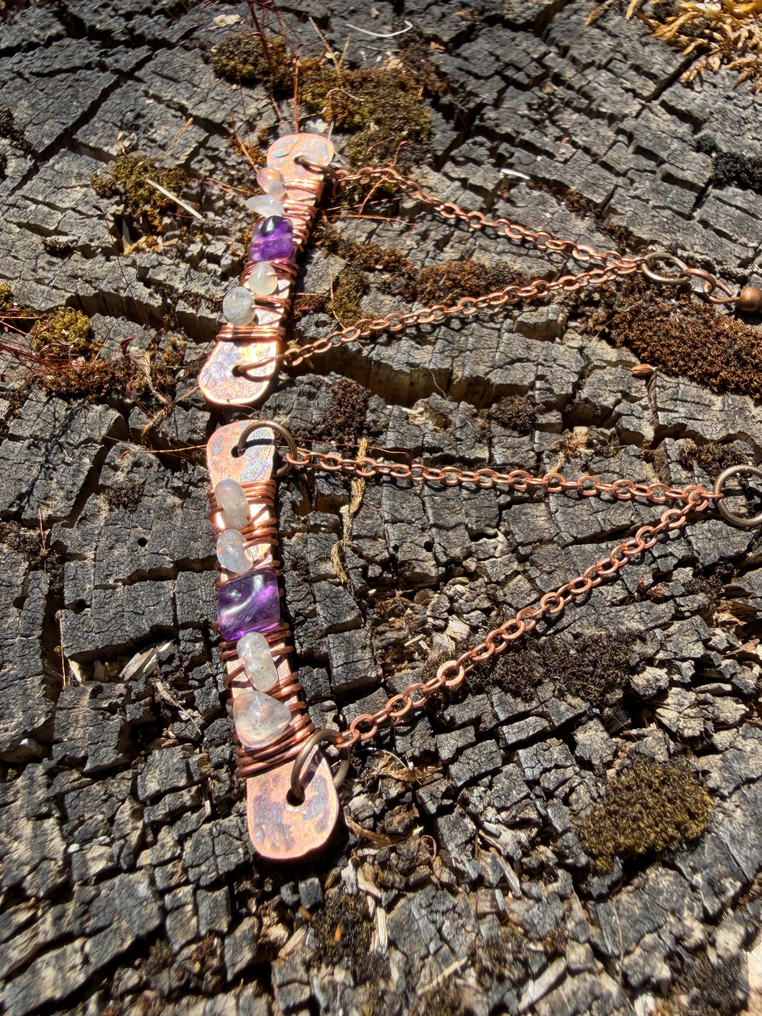 Hammered Copper Horizon Earrings with Labradorite & Amethyst
