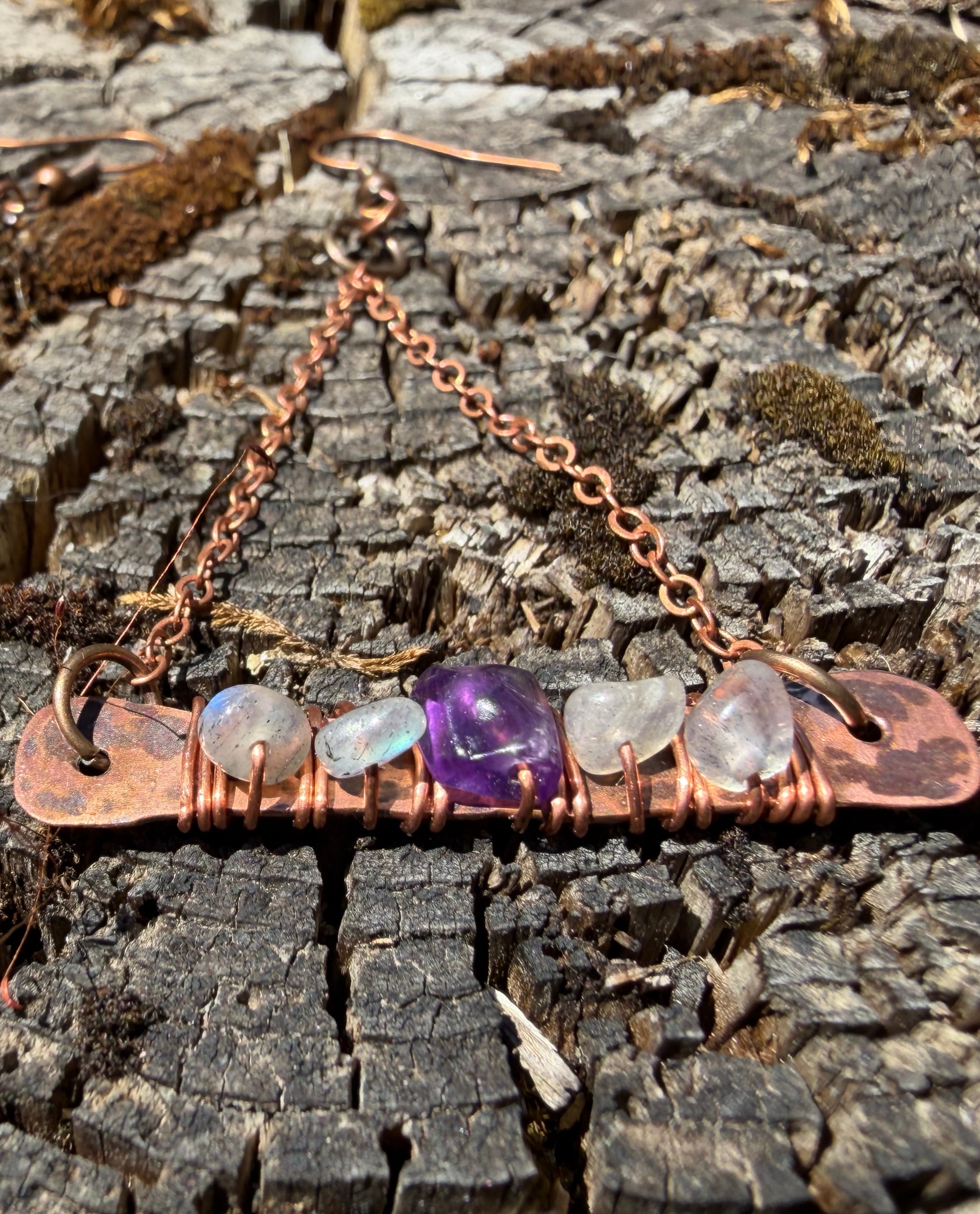Hammered Copper Horizon Earrings with Labradorite & Amethyst