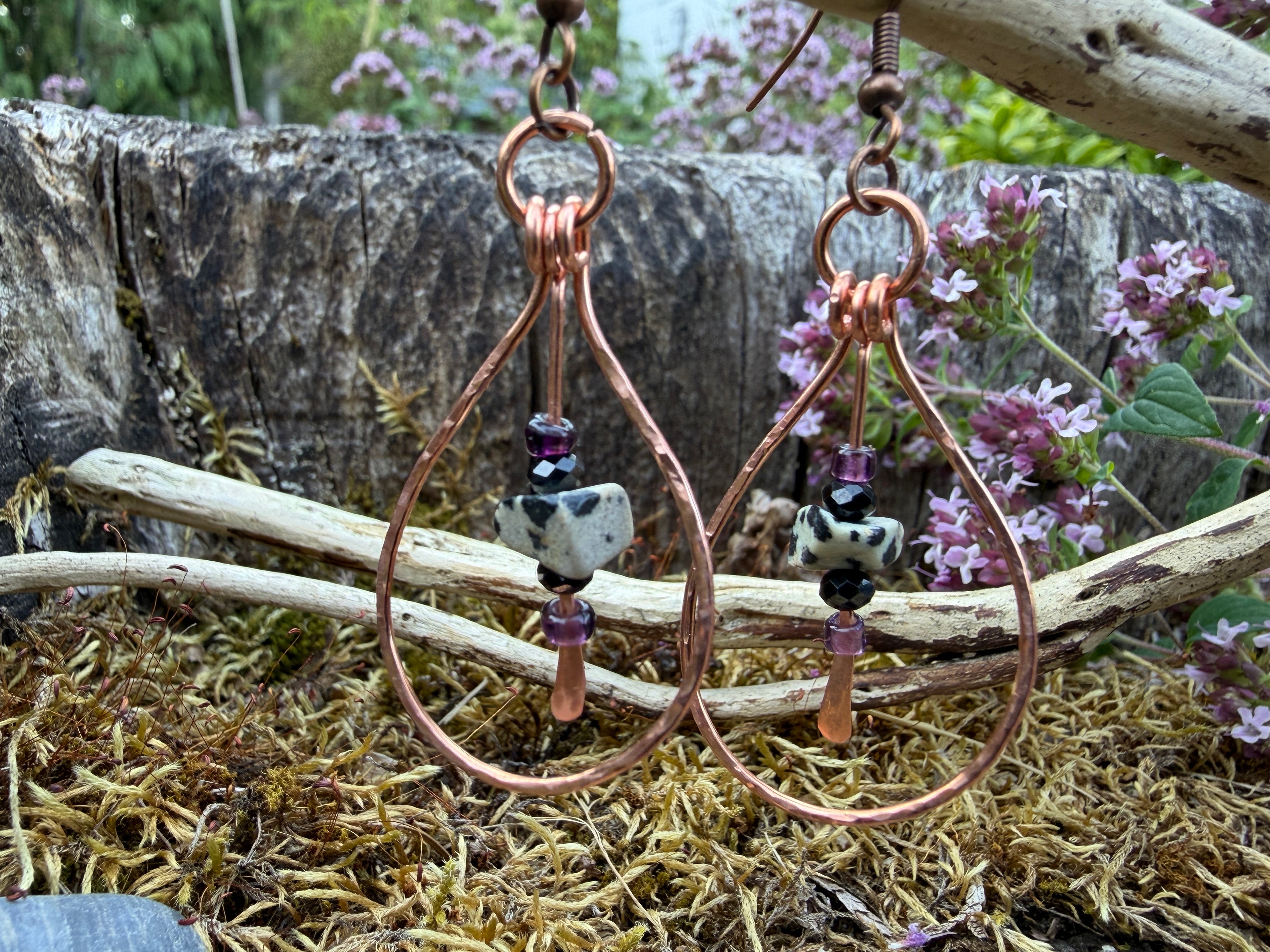 Hammered Copper Dalmatian Jasper Teardrop Earrings