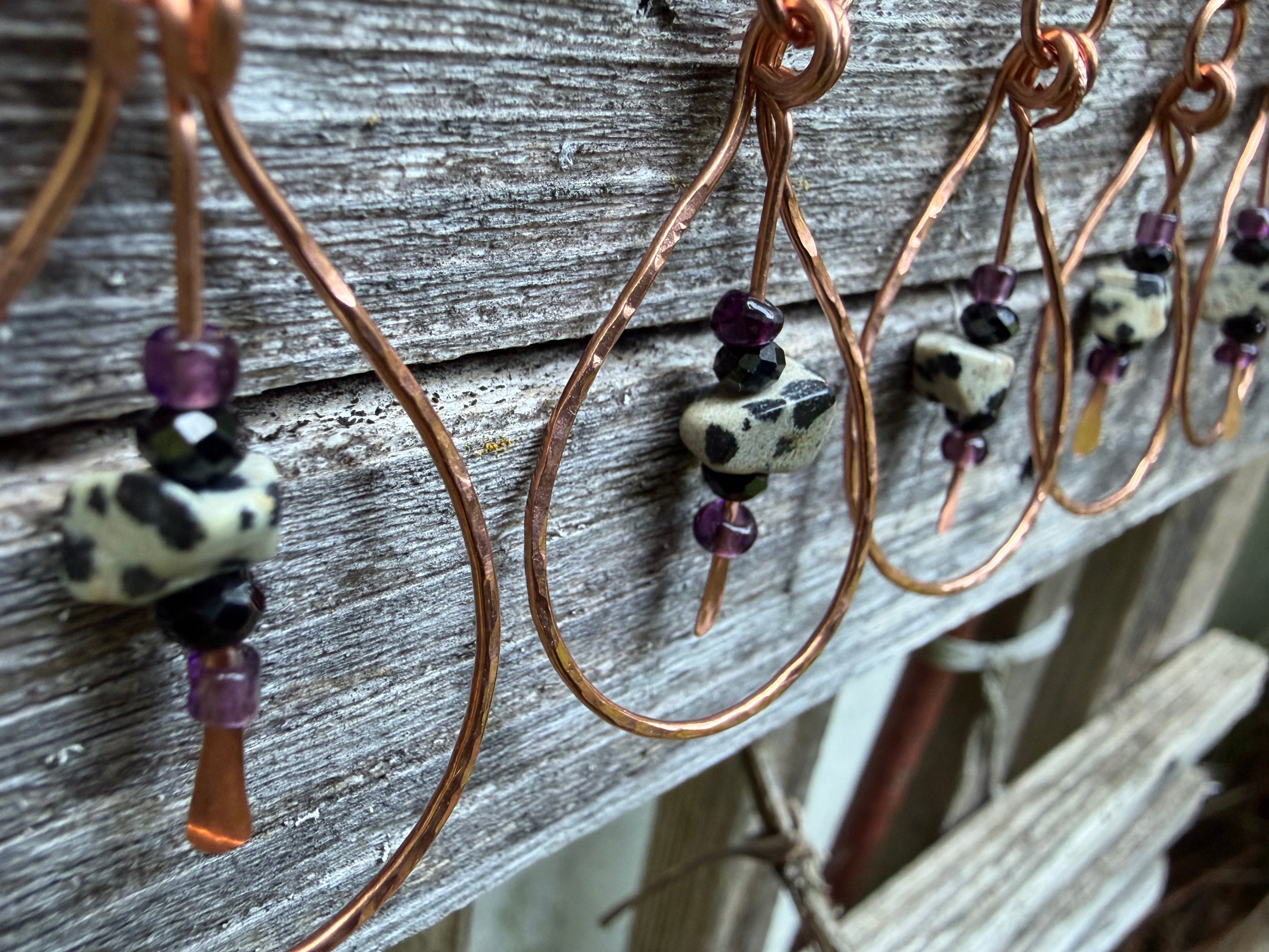 Hammered Copper Dalmatian Jasper Teardrop Earrings