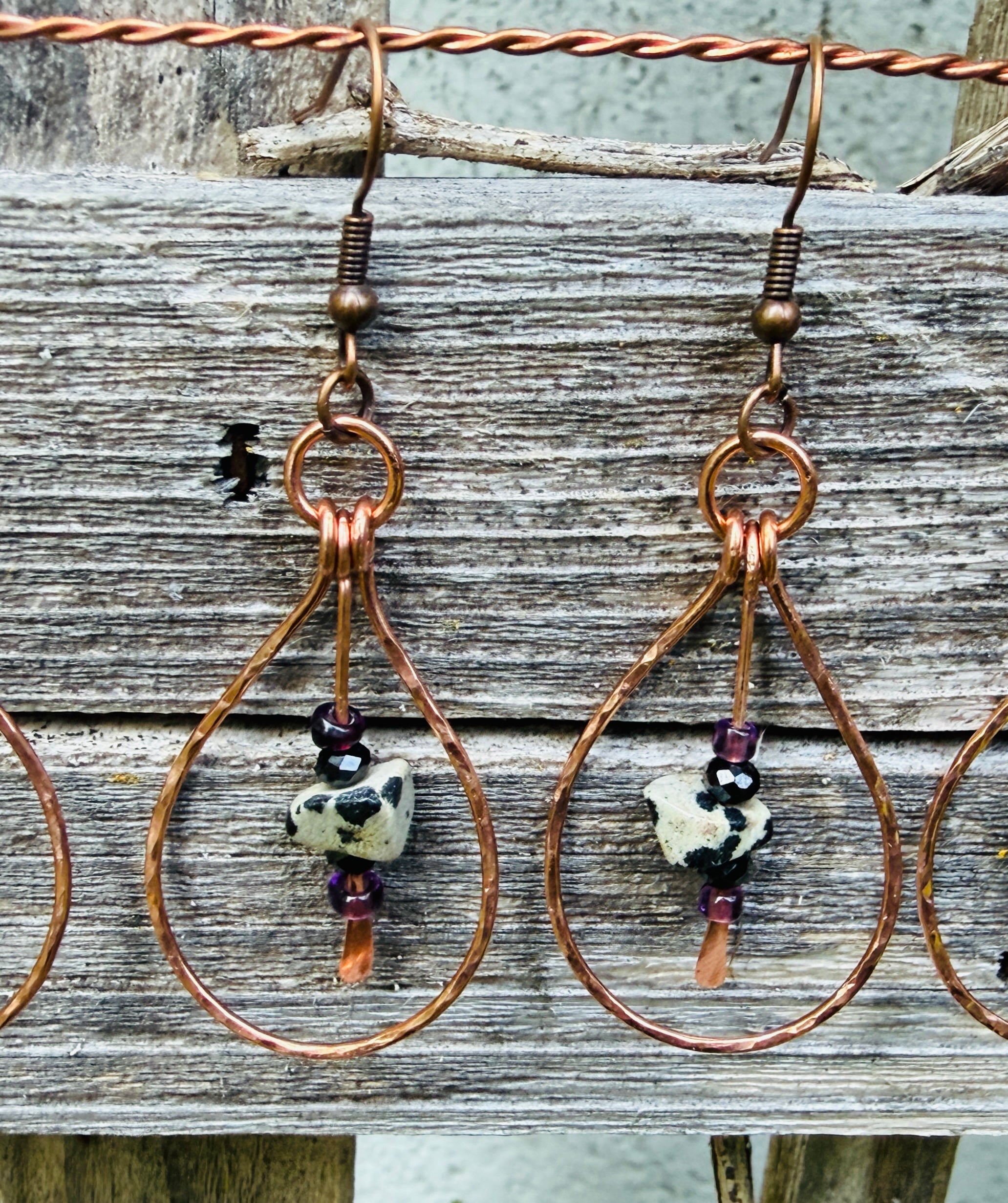 Hammered Copper Dalmatian Jasper Teardrop Earrings