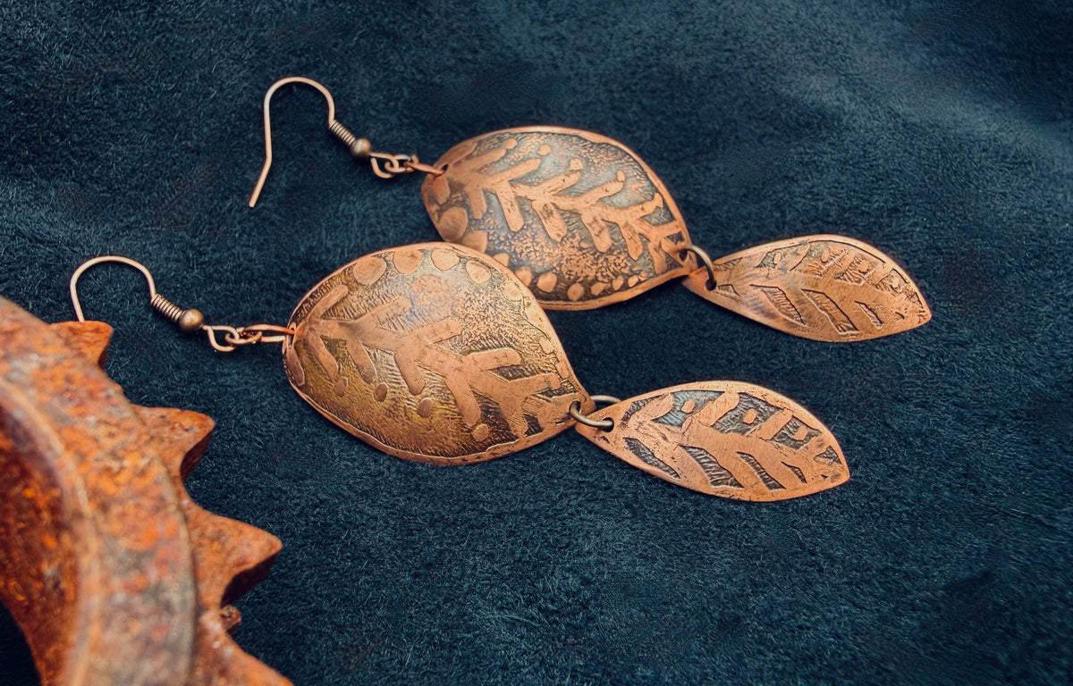 Etched Copper Forest Leaf Dangle Earrings — Handmade Boho Jewelry