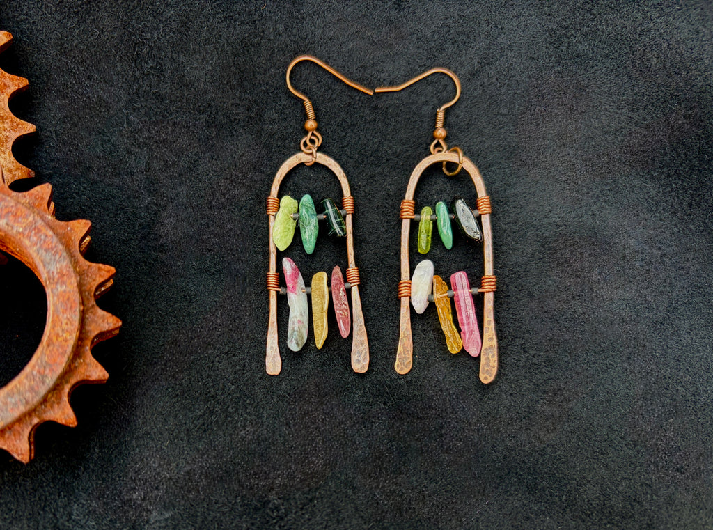 Hammered Copper Arch Earrings with Grade A Tourmaline — Handmade