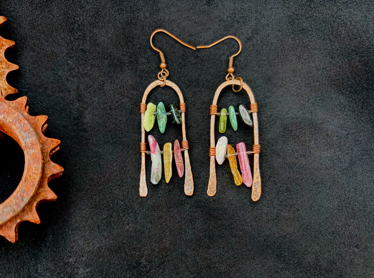 Hammered Copper Arch Earrings with Grade A Tourmaline — Handmade