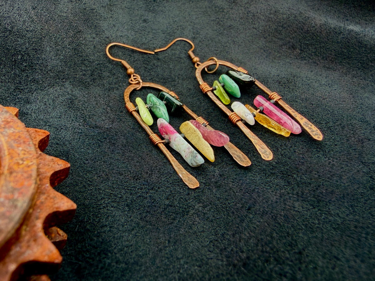 Hammered Copper Arch Earrings with Grade A Tourmaline — Handmade