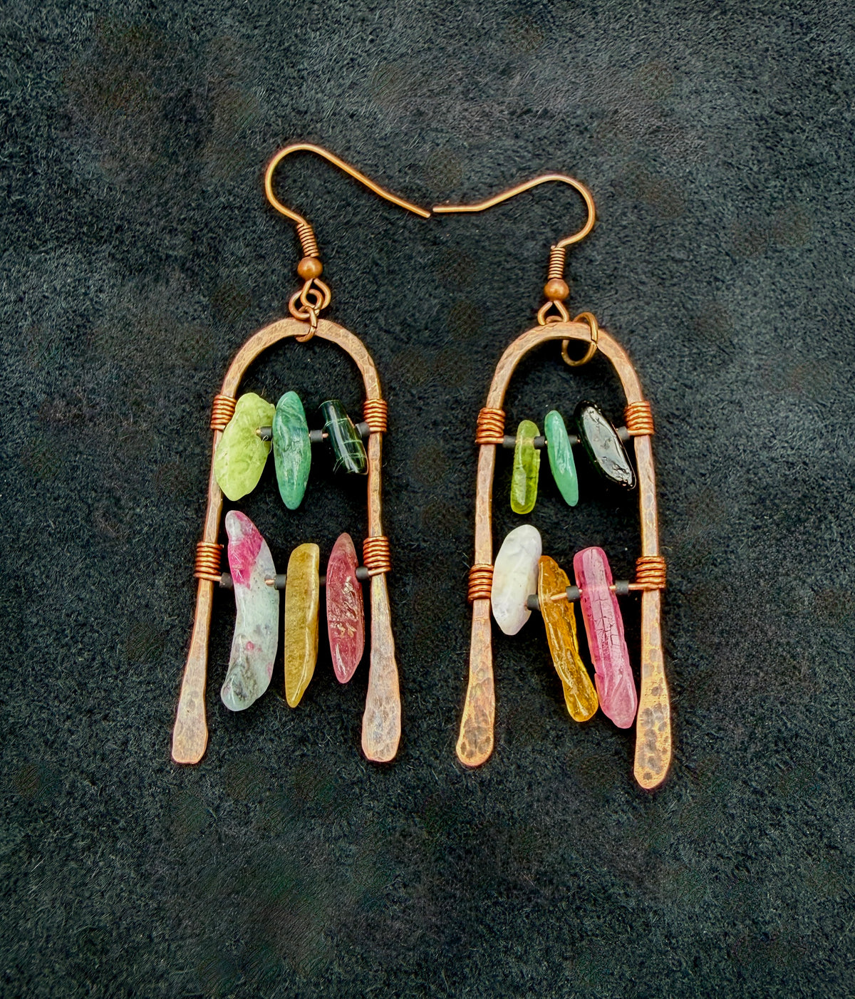 Hammered Copper Arch Earrings with Grade A Tourmaline — Handmade