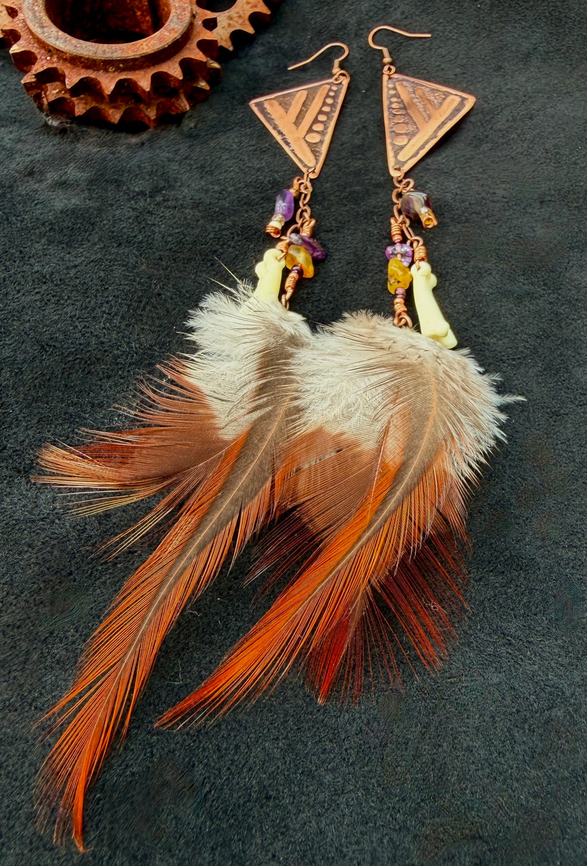 Etched Copper Fehu Rune Shoulder Duster Earrings with Amber, Amethyst & Feathers — Handmade
