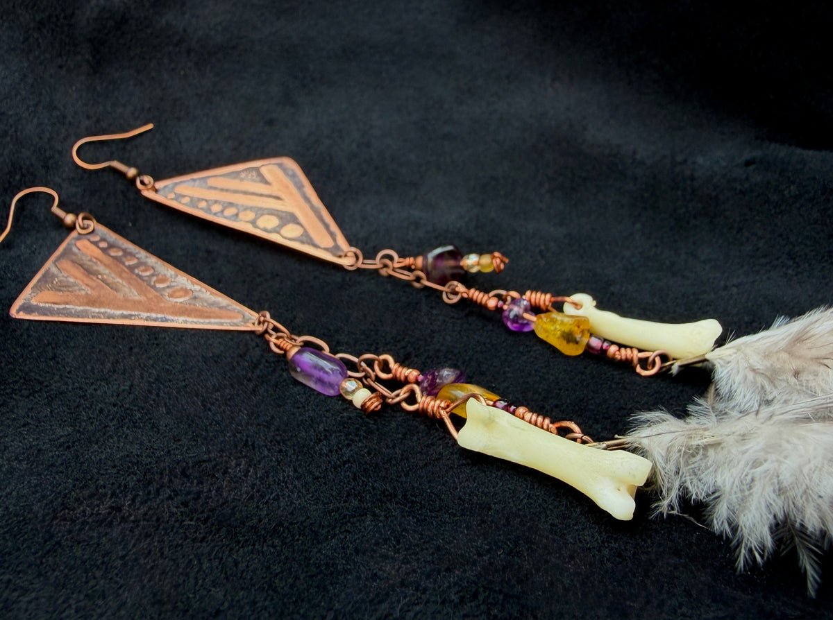 Etched Copper Fehu Rune Shoulder Duster Earrings with Amber, Amethyst & Feathers — Handmade