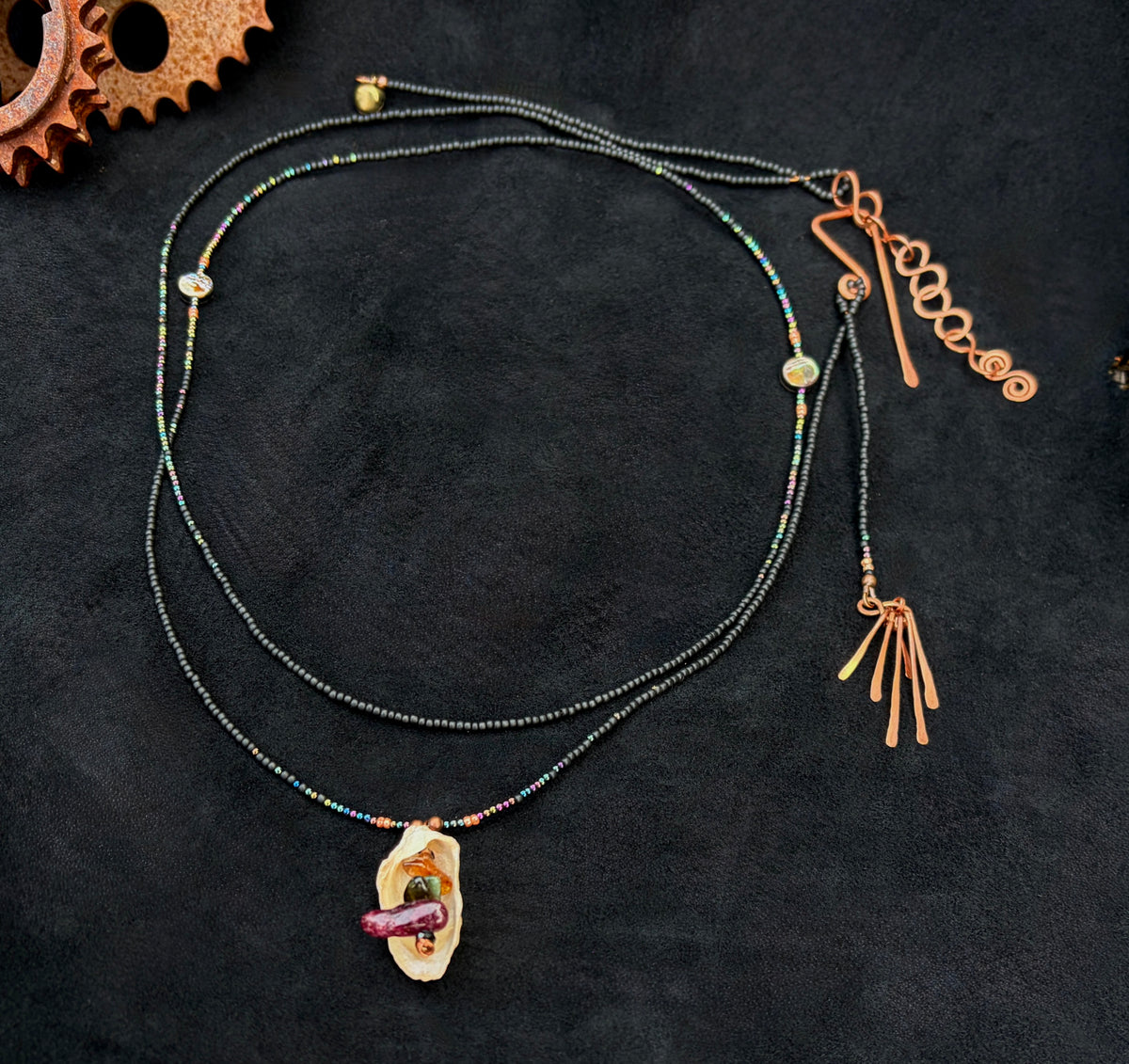 Nocturne | Tourmaline, Shell & Copper Multi-Strand Drape Necklace — Handmade Boho