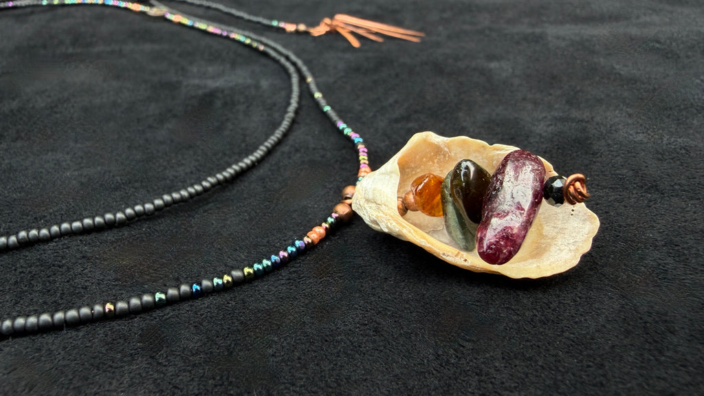 Nocturne | Tourmaline, Shell & Copper Multi-Strand Drape Necklace — Handmade Boho