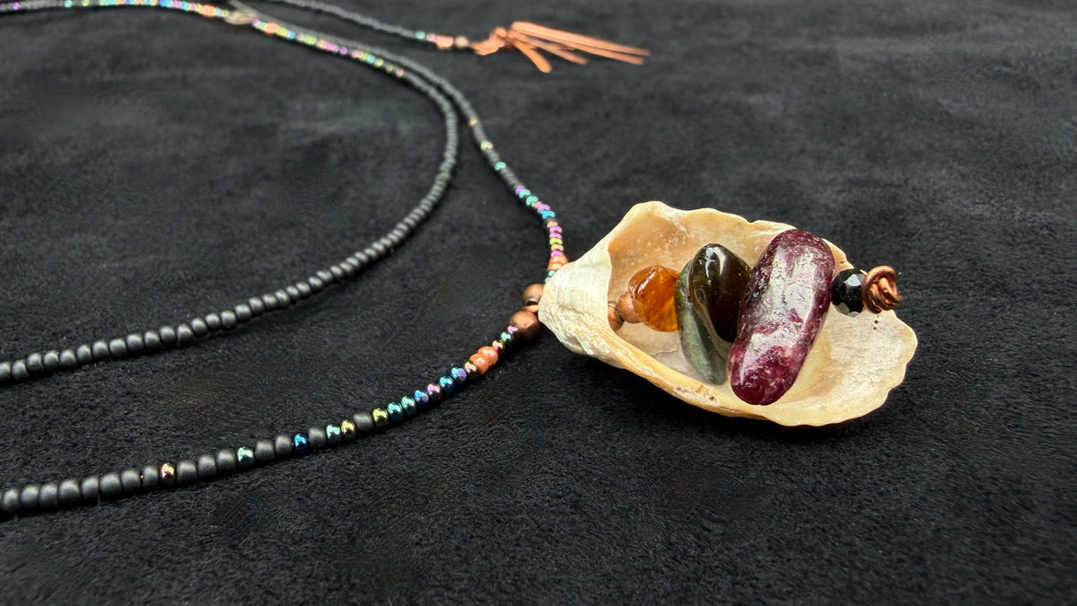 Nocturne | Tourmaline, Shell & Copper Multi-Strand Drape Necklace — Handmade Boho
