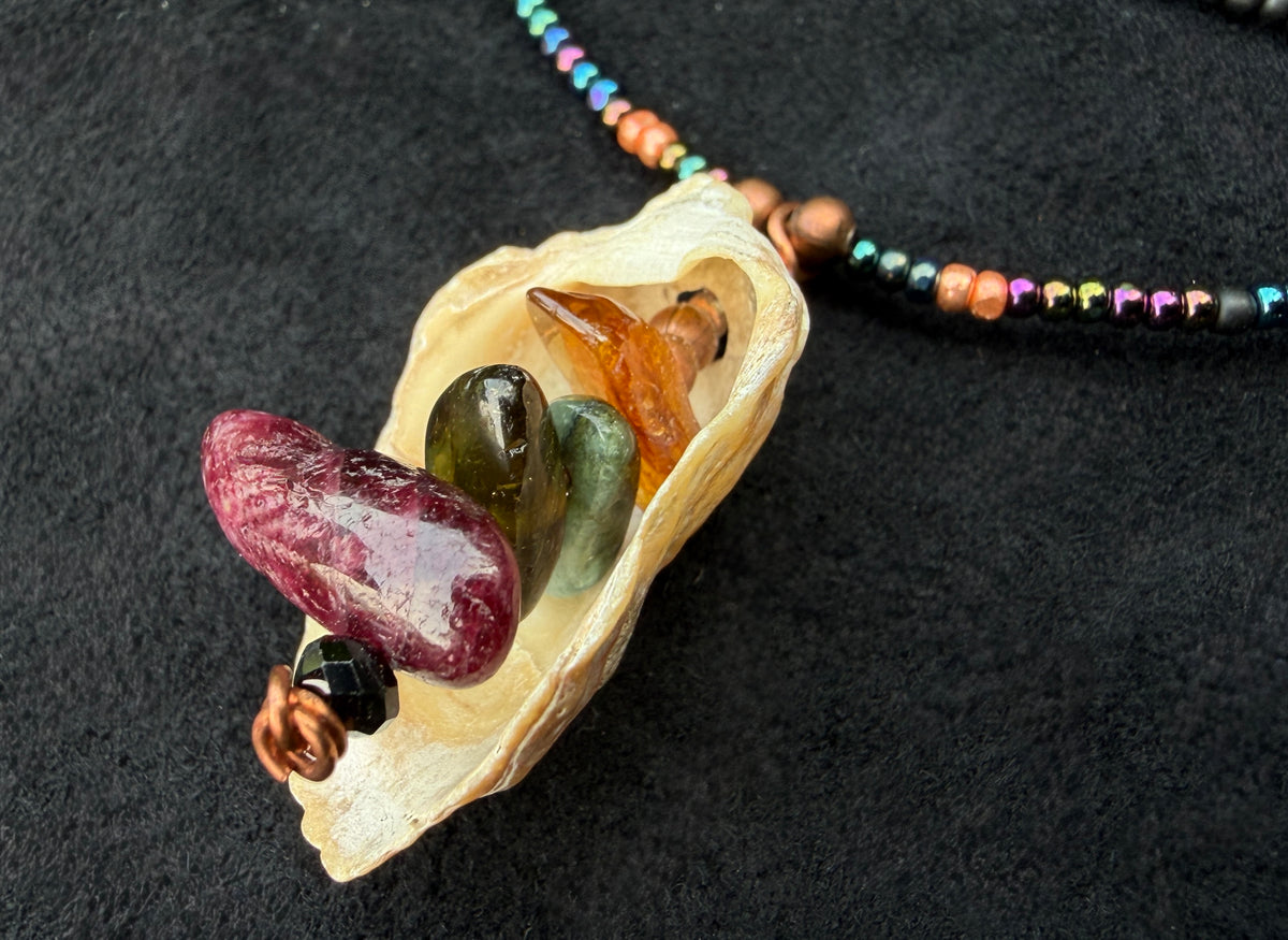 Nocturne | Tourmaline, Shell & Copper Multi-Strand Drape Necklace — Handmade Boho