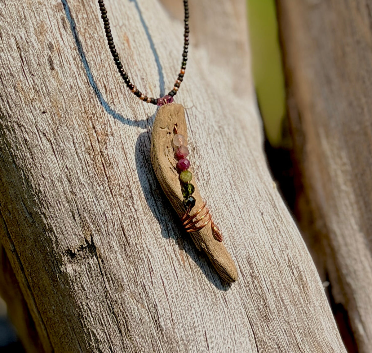 Wild Current | Tourmaline & Copper Beaded Drape Necklace with Driftwood Pendant — Handmade