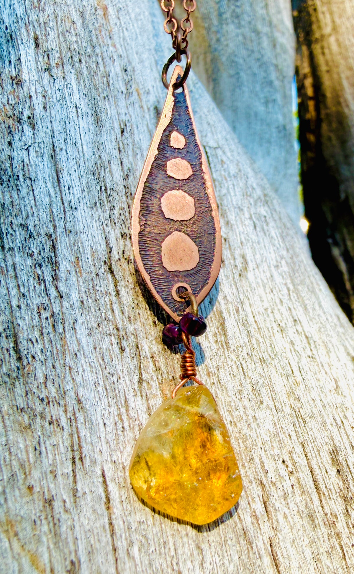 Ember Relic | Etched Copper Pendant Necklace with Raw Citrine — Handmade Artisan Jewelry