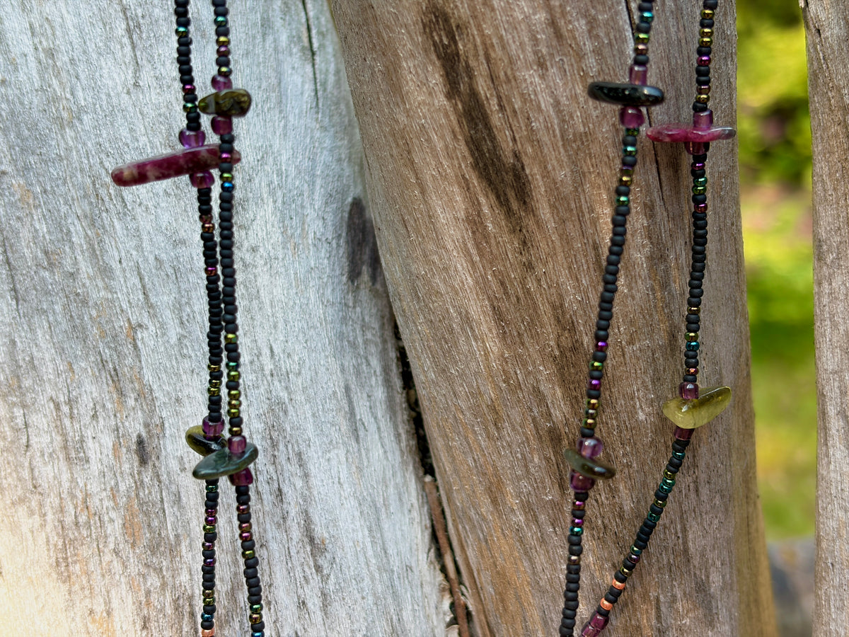 Wild Current | Tourmaline & Copper Beaded Drape Necklace with Driftwood Pendant — Handmade