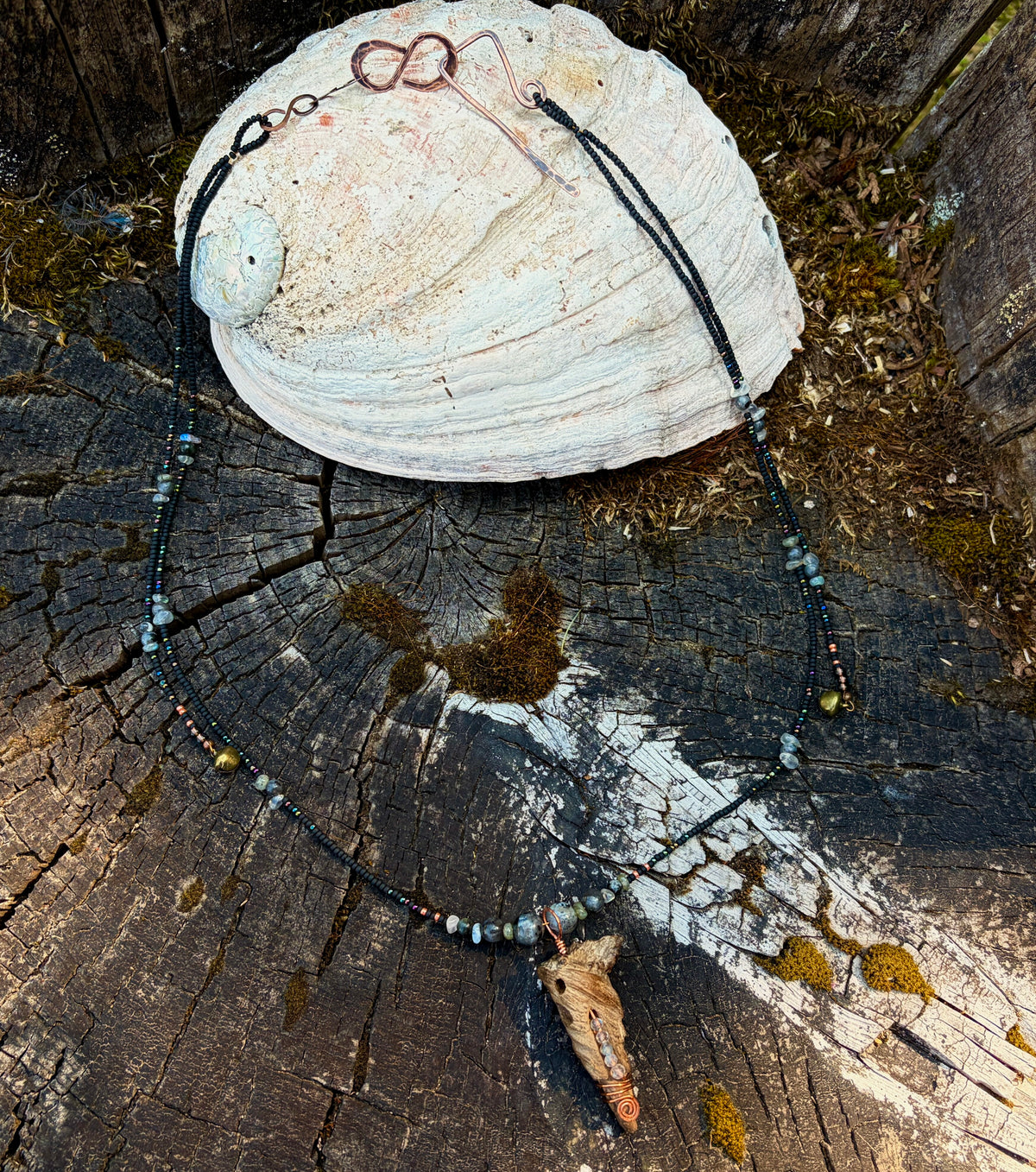 Labradorite & Copper Beaded Drape Necklace with Driftwood Pendant — Handmade