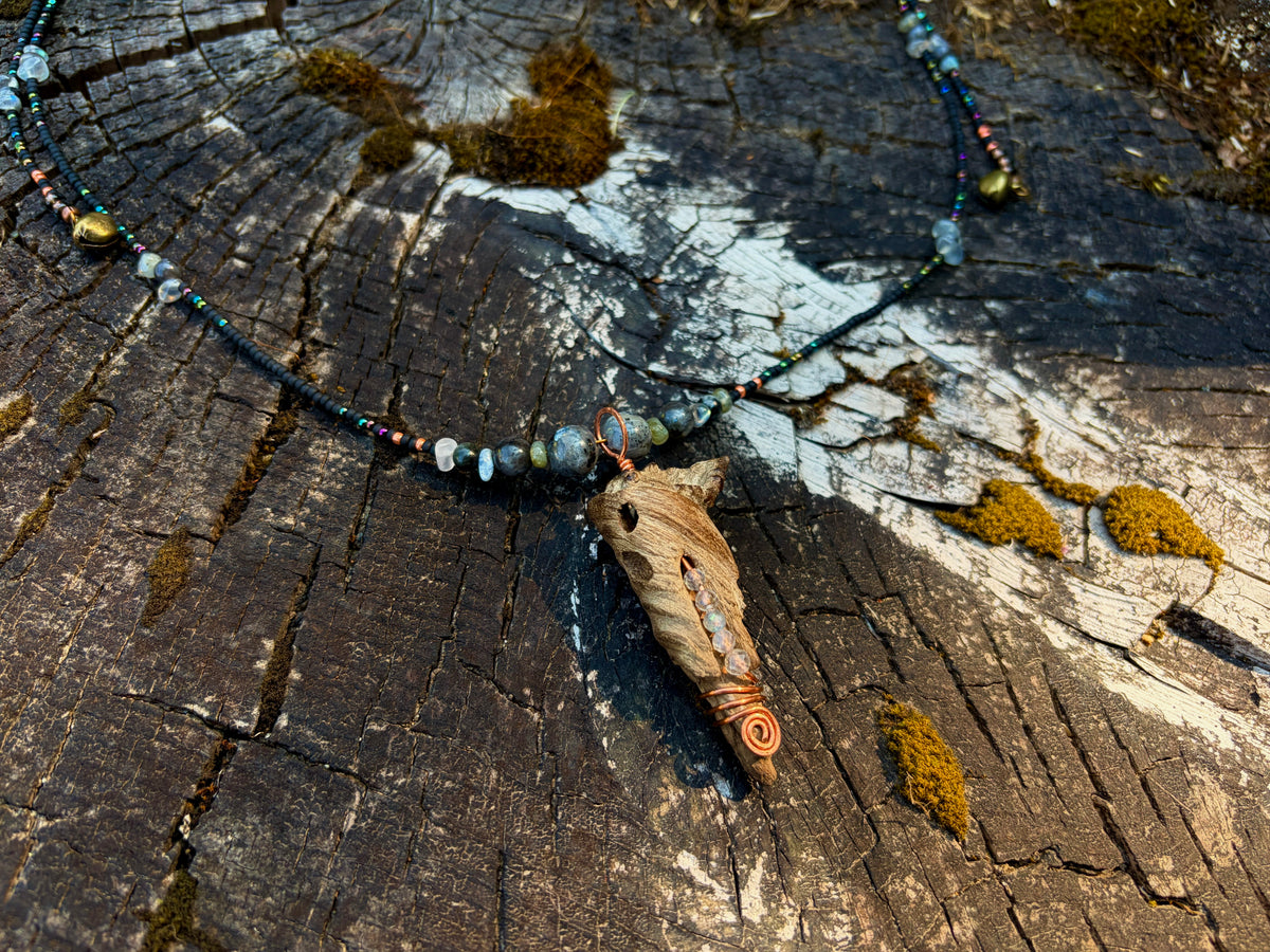 Labradorite & Copper Beaded Drape Necklace with Driftwood Pendant — Handmade