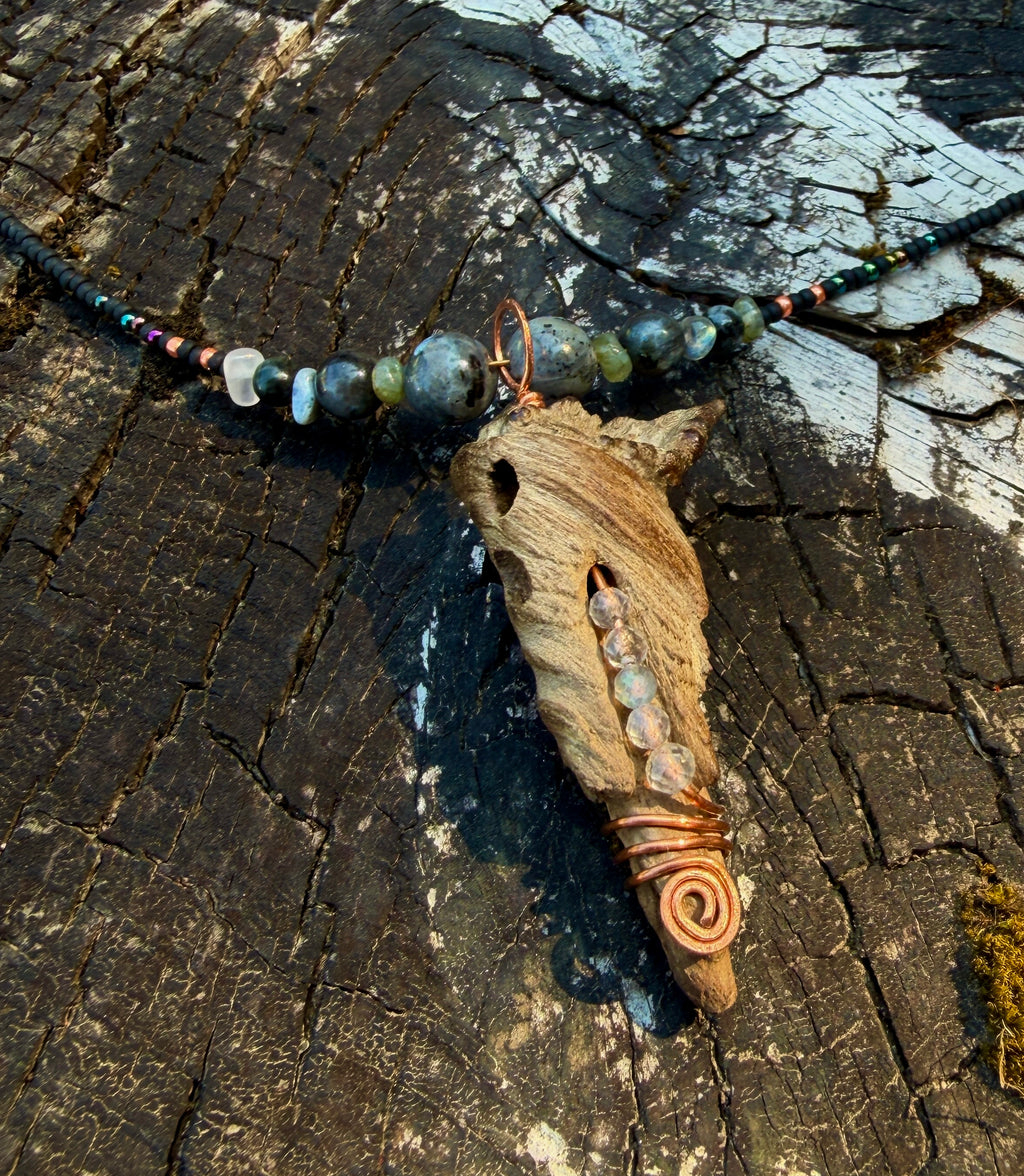 Labradorite & Copper Beaded Drape Necklace with Driftwood Pendant — Handmade